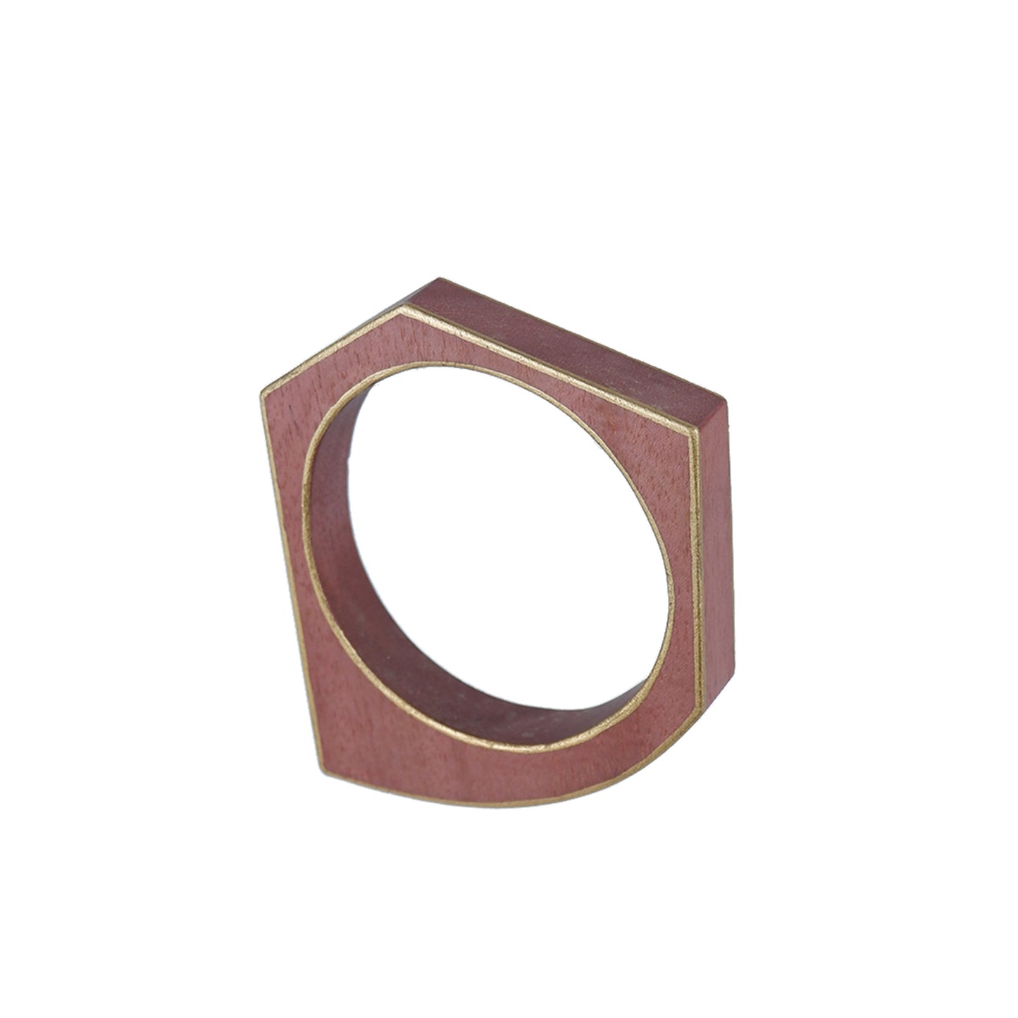 Handmade irregular five-sided wooden bangle with hand-painted gold border, crafted by a sustainable fashion accessories manufacturer. Geometric and eco-friendly.