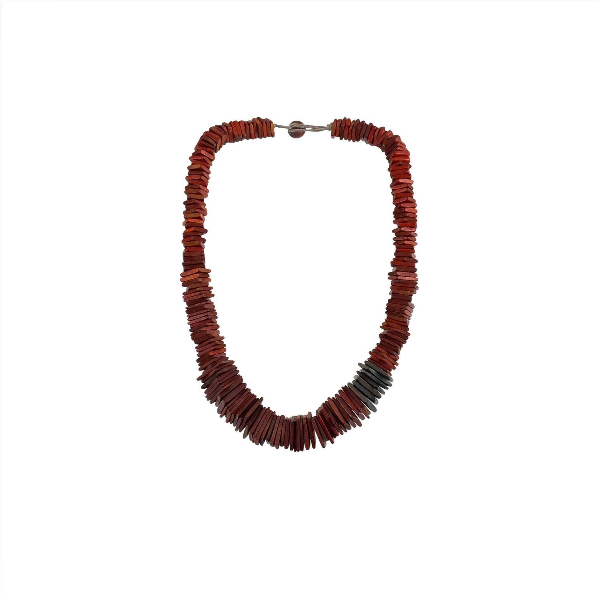 A handmade, sustainable wooden necklace featuring stacked wooden square components with visible natural grain and a dark brown accent. The contemporary, modern design showcases eco-friendly craftsmanship and minimalist style.