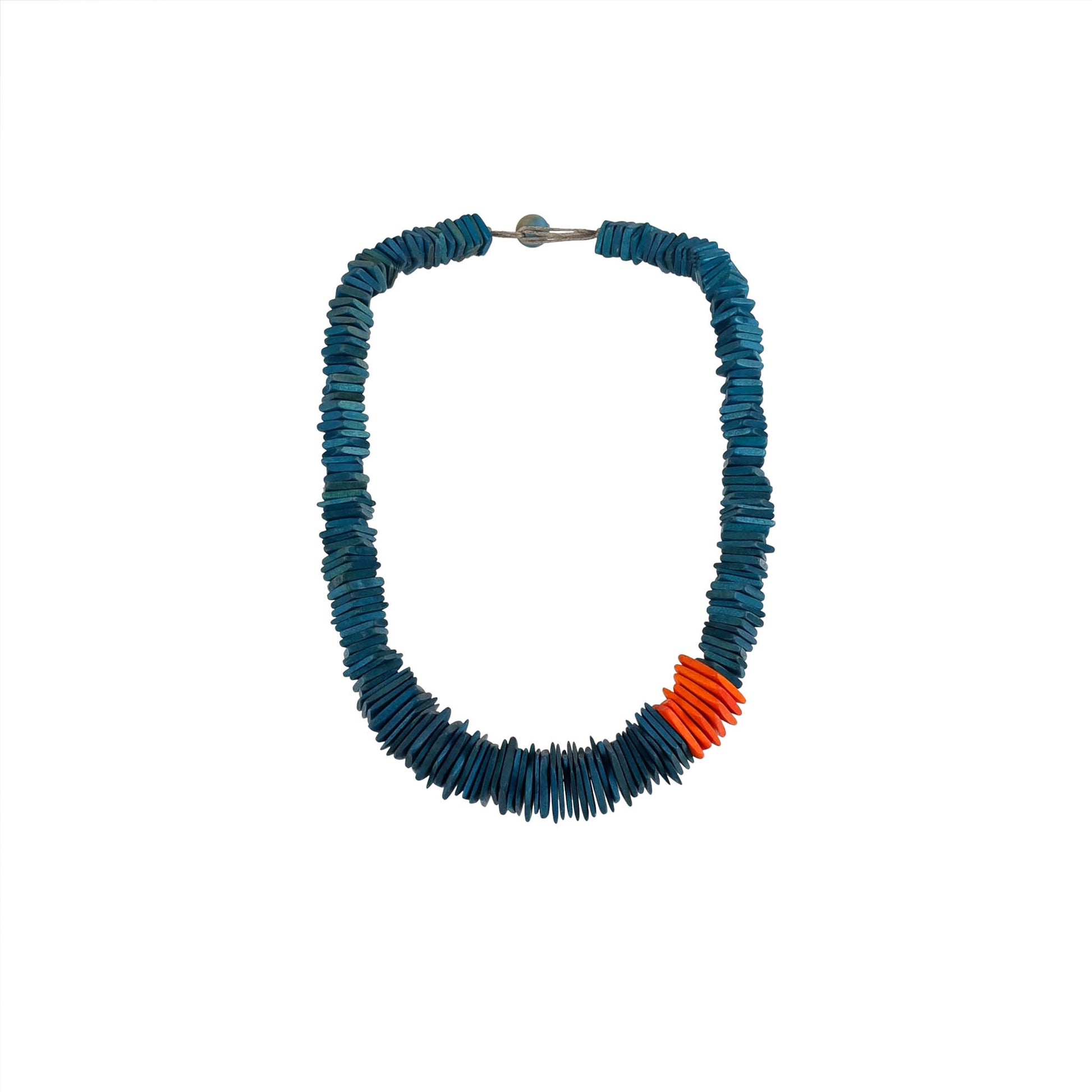 A handmade, sustainable wooden necklace featuring stacked wooden square components with visible natural grain and orange accent. The contemporary, modern design showcases eco-friendly craftsmanship and minimalist style.