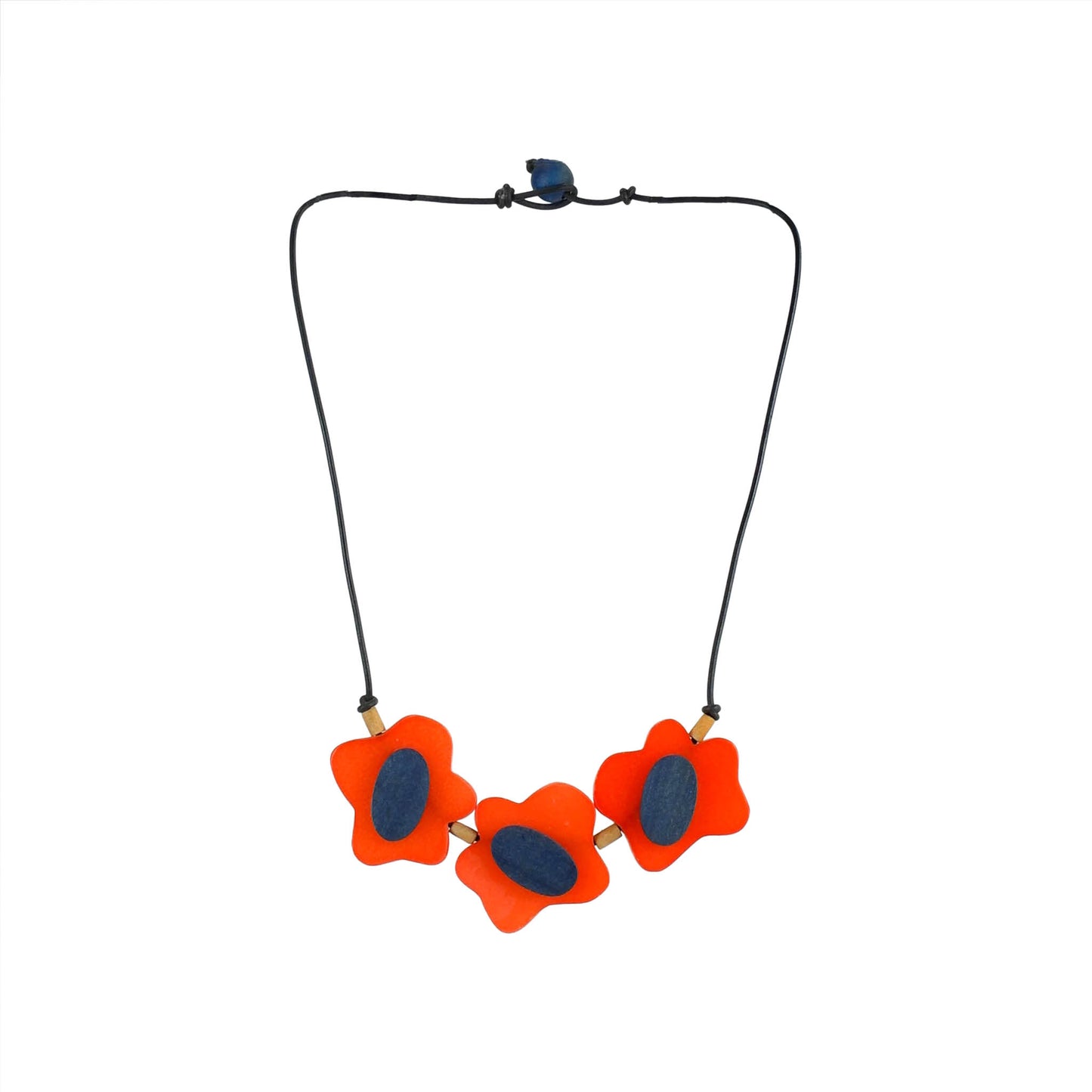 Handmade wood & acrylic necklace featuring a floral pendant in orange. Ethically crafted, lightweight, and perfect for boho-chic and eco-conscious fashion lovers.