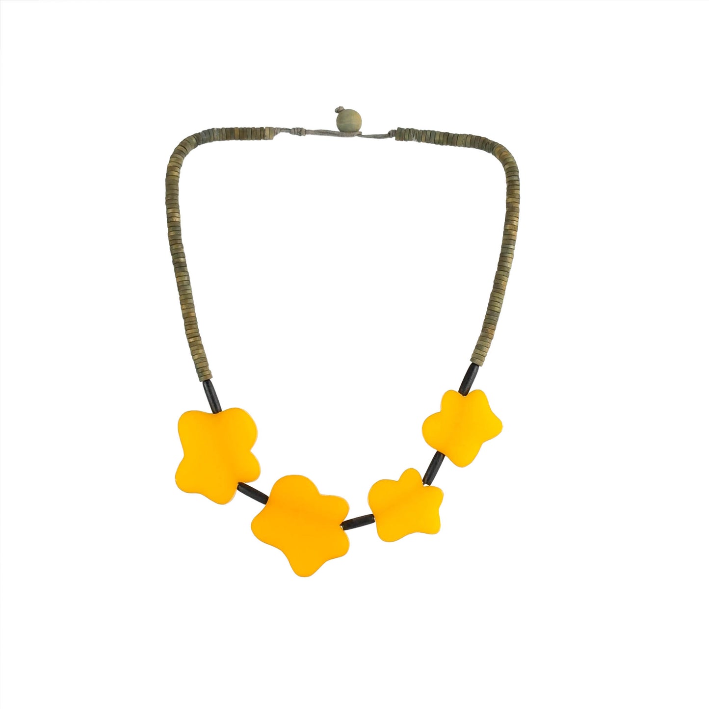 Handmade wooden and acrylic pendant necklace with a natural wood base and vibrant acrylic pendants in yellow. A sustainable, artisan-crafted fashion accessory.