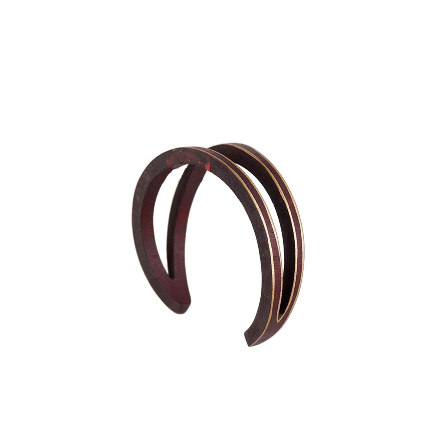 Maroon handmade wooden bangle with headband-style design and gold hand-painted borders, crafted by a sustainable fashion accessories manufacturer. Minimalist and eco-friendly.