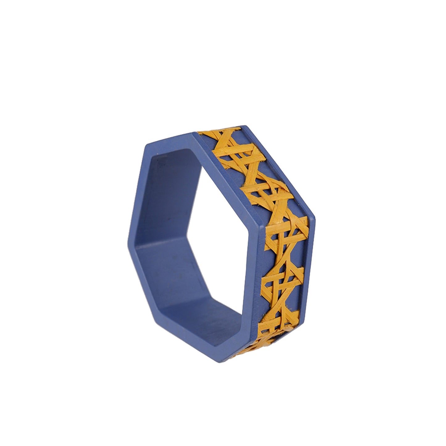 Blue and Yellow Handmade wooden bangle with heptagon shape and Solihiya weave, crafted by a sustainable fashion accessories manufacturer. Eco-friendly and stylish.