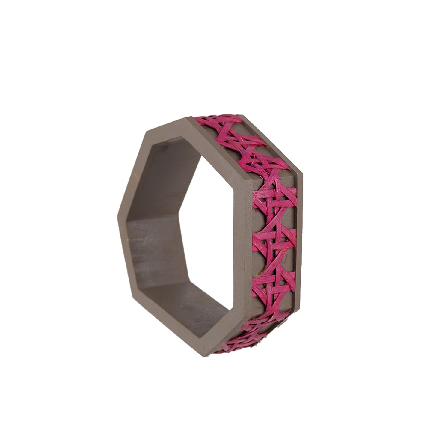 Grey and Pink Handmade wooden bangle with heptagon shape and Solihiya weave, crafted by a sustainable fashion accessories manufacturer. Eco-friendly and stylish.