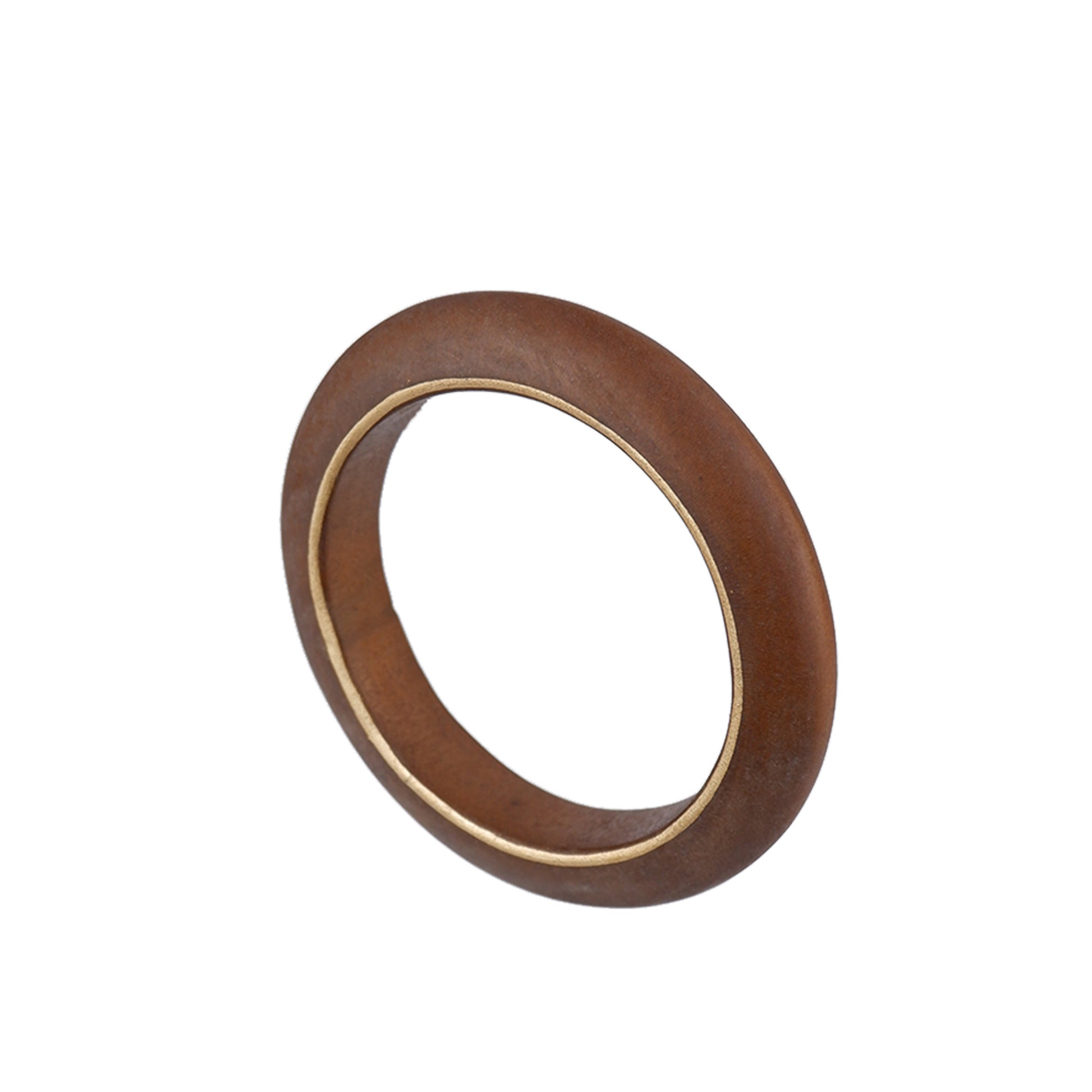 Brown and gold Handmade rounded wooden bangle with hand-painted gold border, crafted by a sustainable fashion accessories manufacturer. Minimalist, eco-friendly, and elegant.