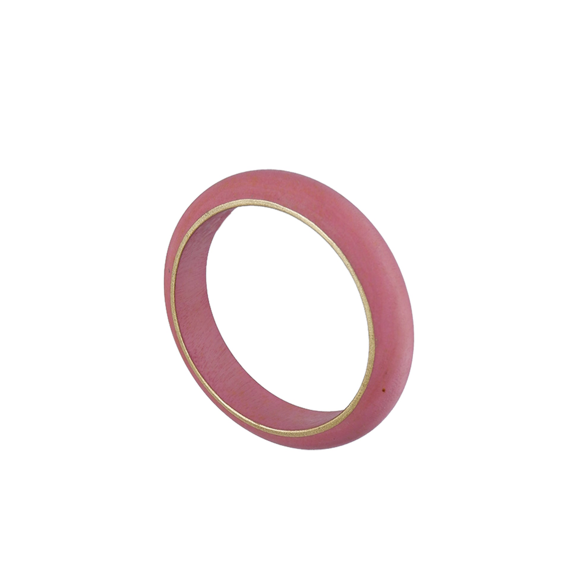 pink and gold Handmade rounded wooden bangle with hand-painted gold border, crafted by a sustainable fashion accessories manufacturer. Minimalist, eco-friendly, and elegant.