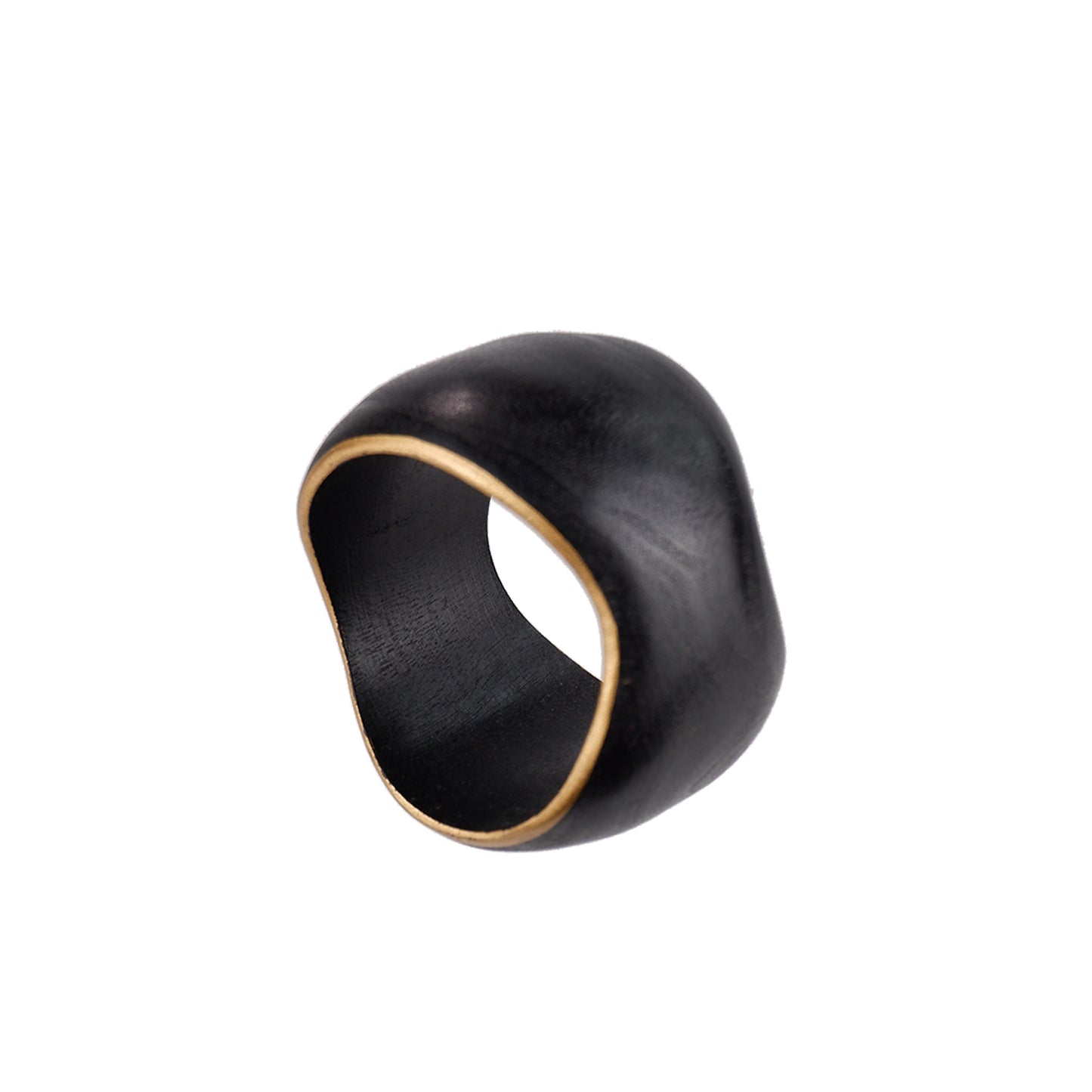 Black and Gold handmade wooden bangle with rounded sloped edges and hand-painted gold border. Artisan-crafted by a sustainable fashion accessories manufacturer. Elegant & timeless.