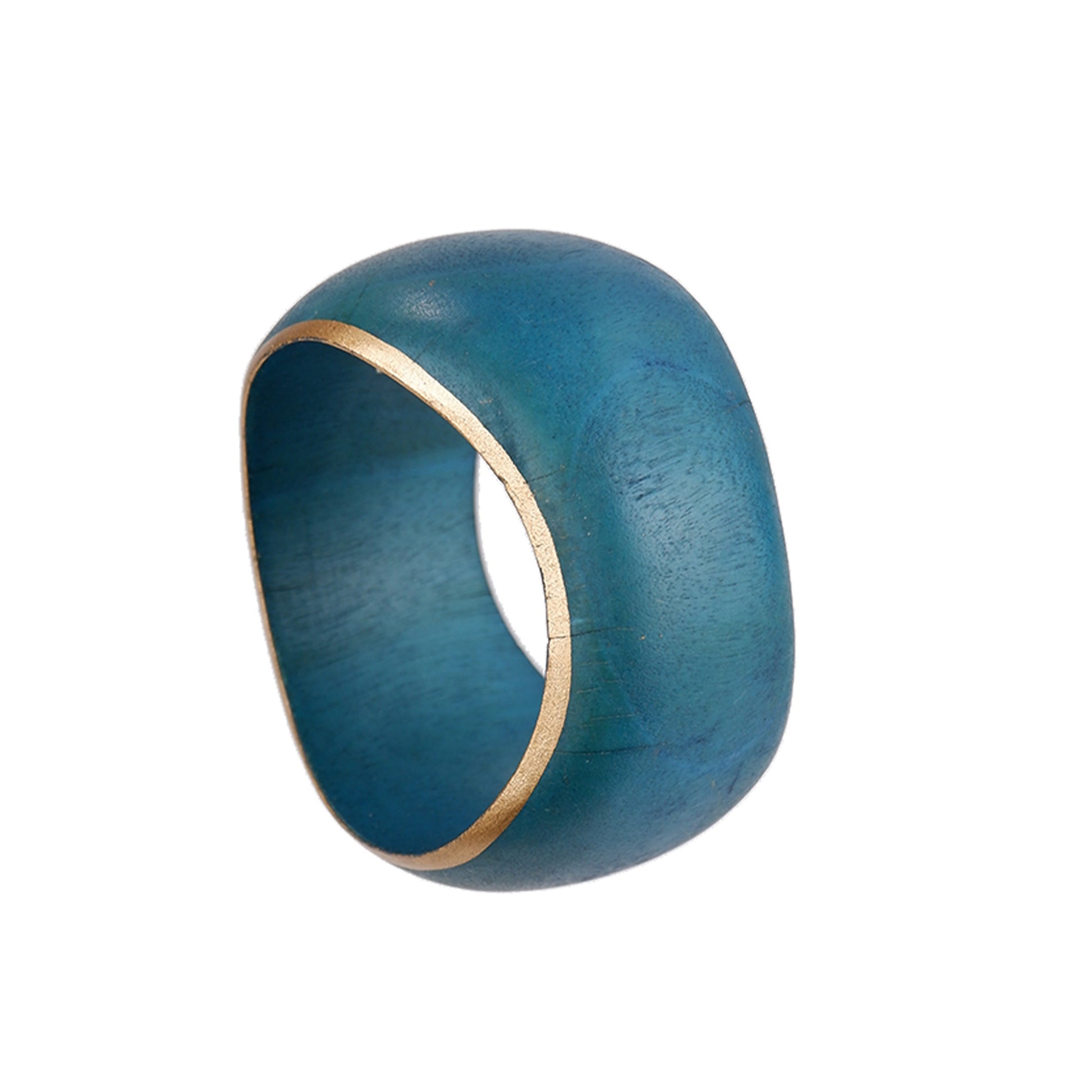 Teal and Gold Handmade wooden bangle with rounded sloped edges and hand-painted gold border. Artisan-crafted by a sustainable fashion accessories manufacturer. Elegant & timeless.