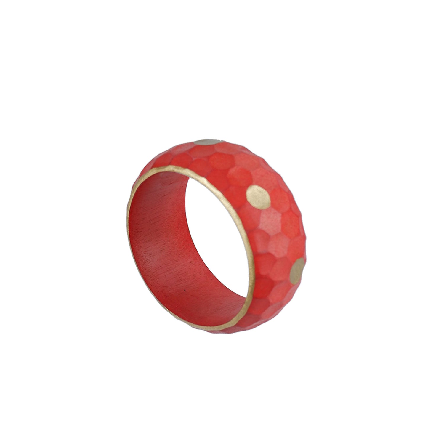 Red handmade wooden faceted bangle with hand-painted gold accents, crafted by a sustainable fashion accessories manufacturer. Geometric, eco-friendly, and stylish.