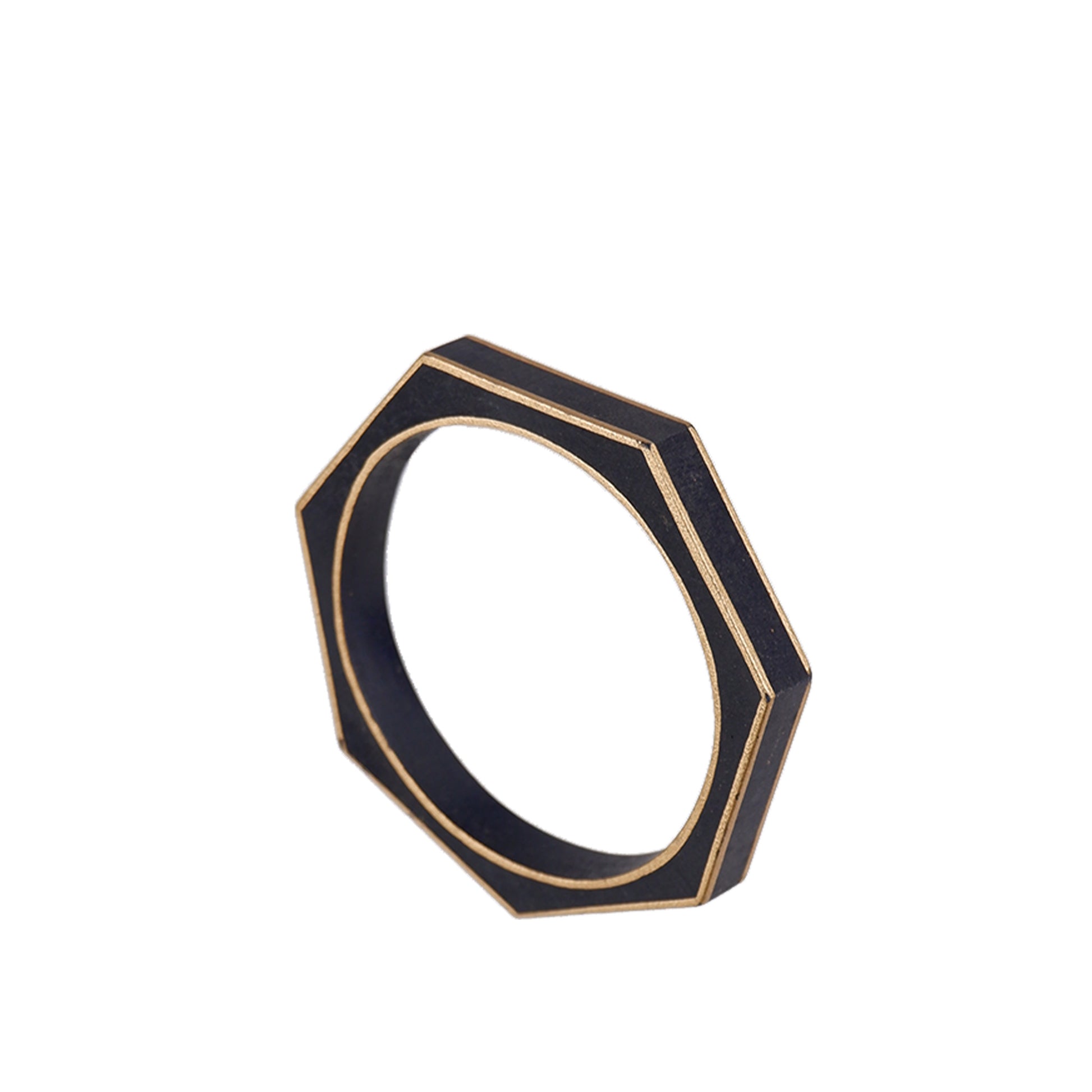 Black handmade wooden heptagon bangle with round cutout and gold hand-painted accents, crafted by a sustainable fashion accessories manufacturer. Geometric and eco-friendly.