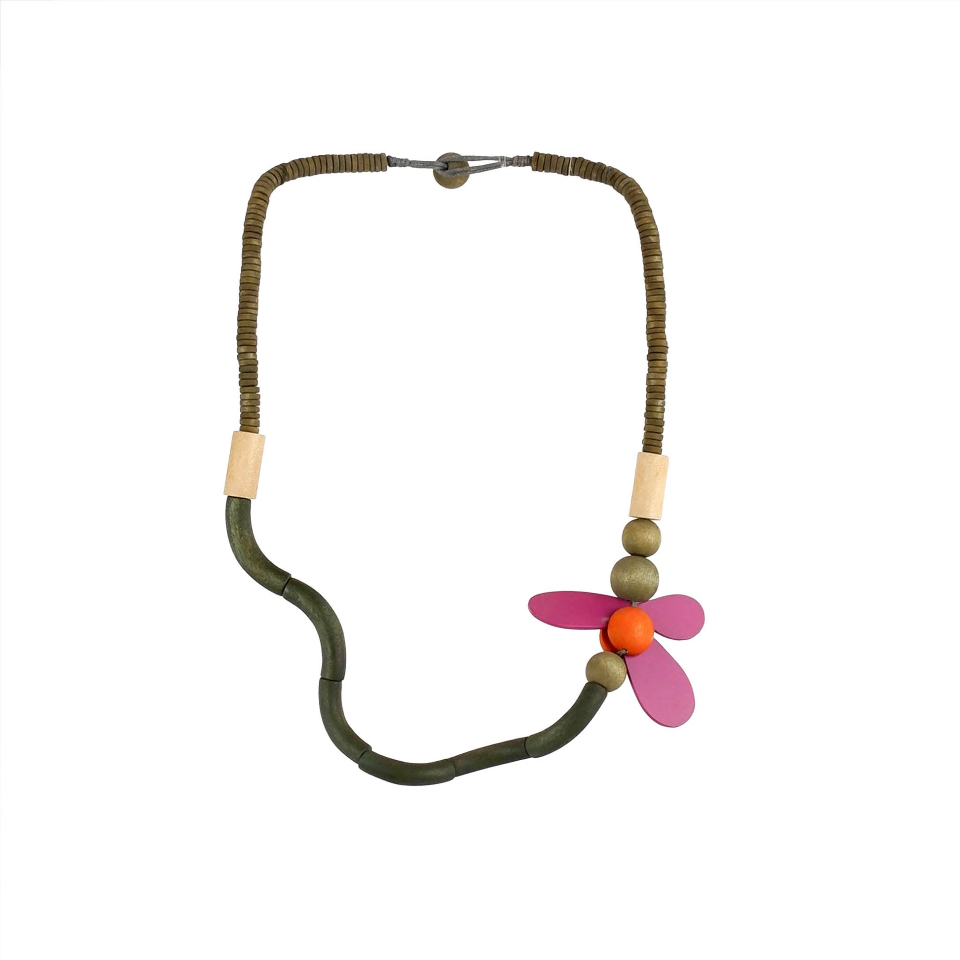 Handmade green wooden necklace featuring an acrylic floral accent. Ethically crafted, lightweight, and perfect for boho-chic and sustainable fashion lovers."

