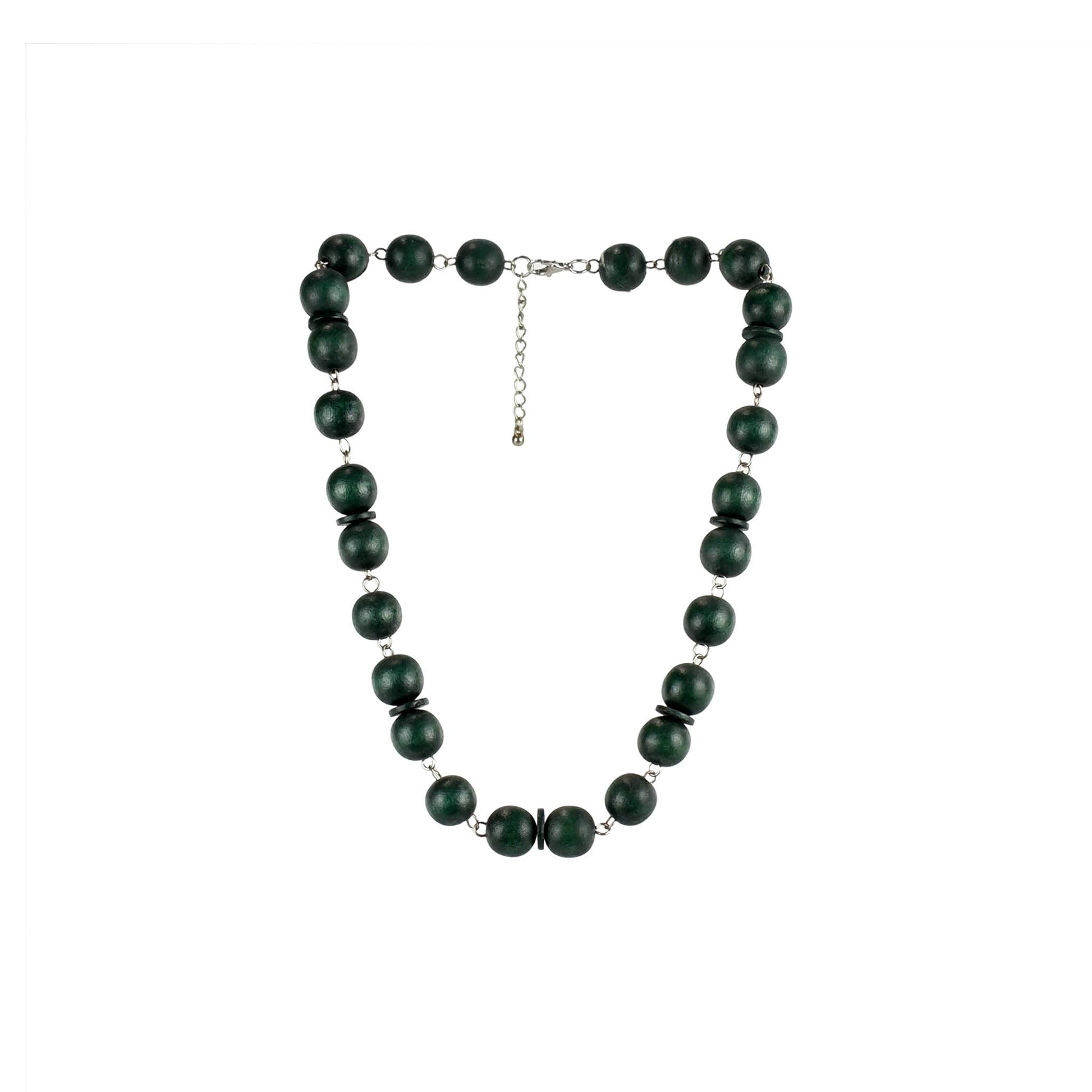 Handmade Green wooden necklace featuring natural wooden beads. Ethically crafted, lightweight, and designed for boho-chic and sustainable fashion lovers.