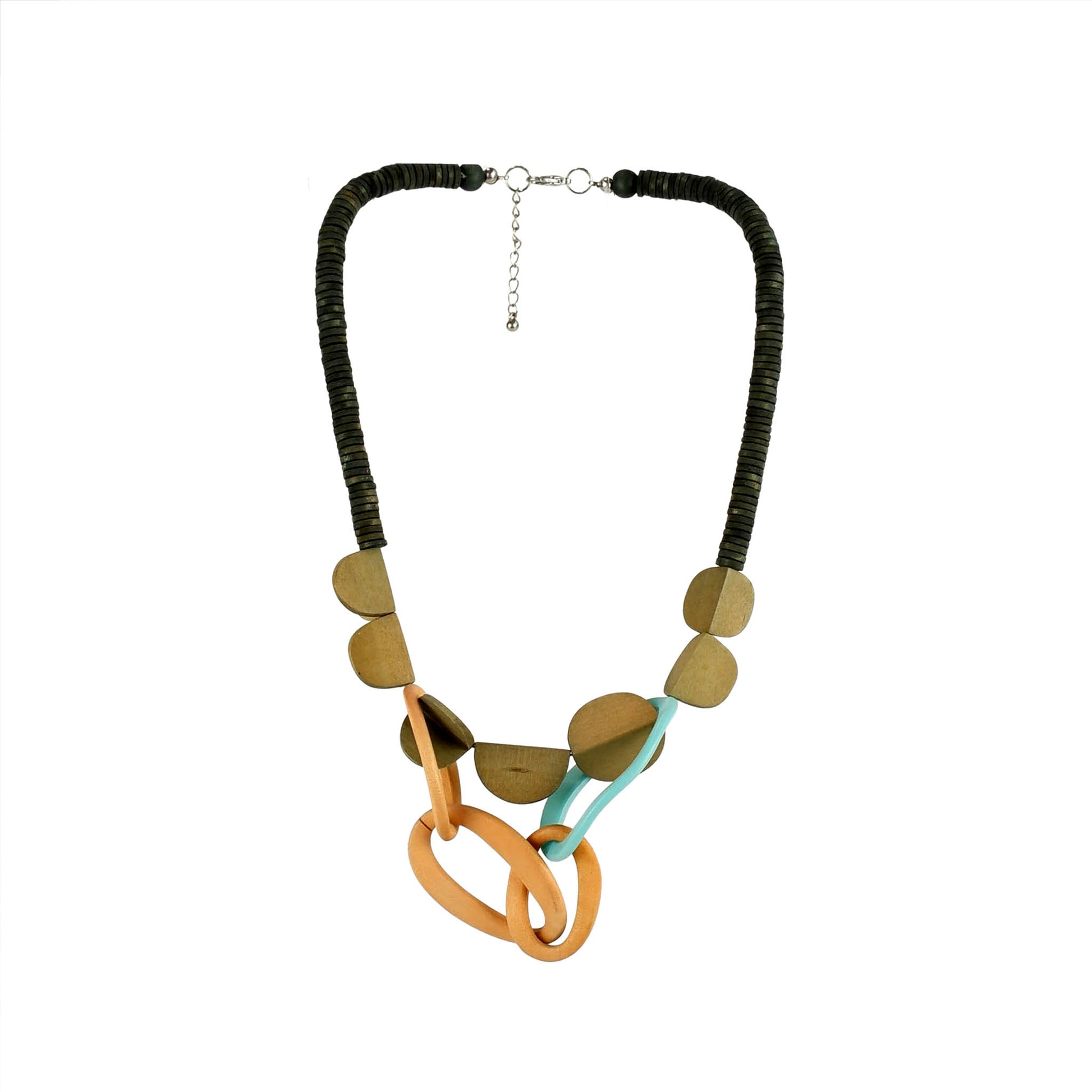 Handmade black and green wooden necklace featuring a chain-link inspired pendant. Ethically crafted, lightweight, and designed for modern, sustainable fashion lovers.