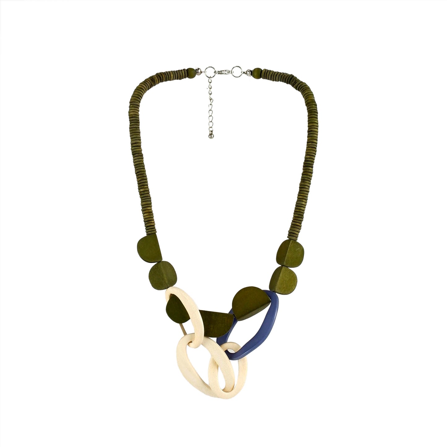 Handmade green wooden necklace featuring a chain-link inspired pendant. Ethically crafted, lightweight, and designed for modern, sustainable fashion lovers.