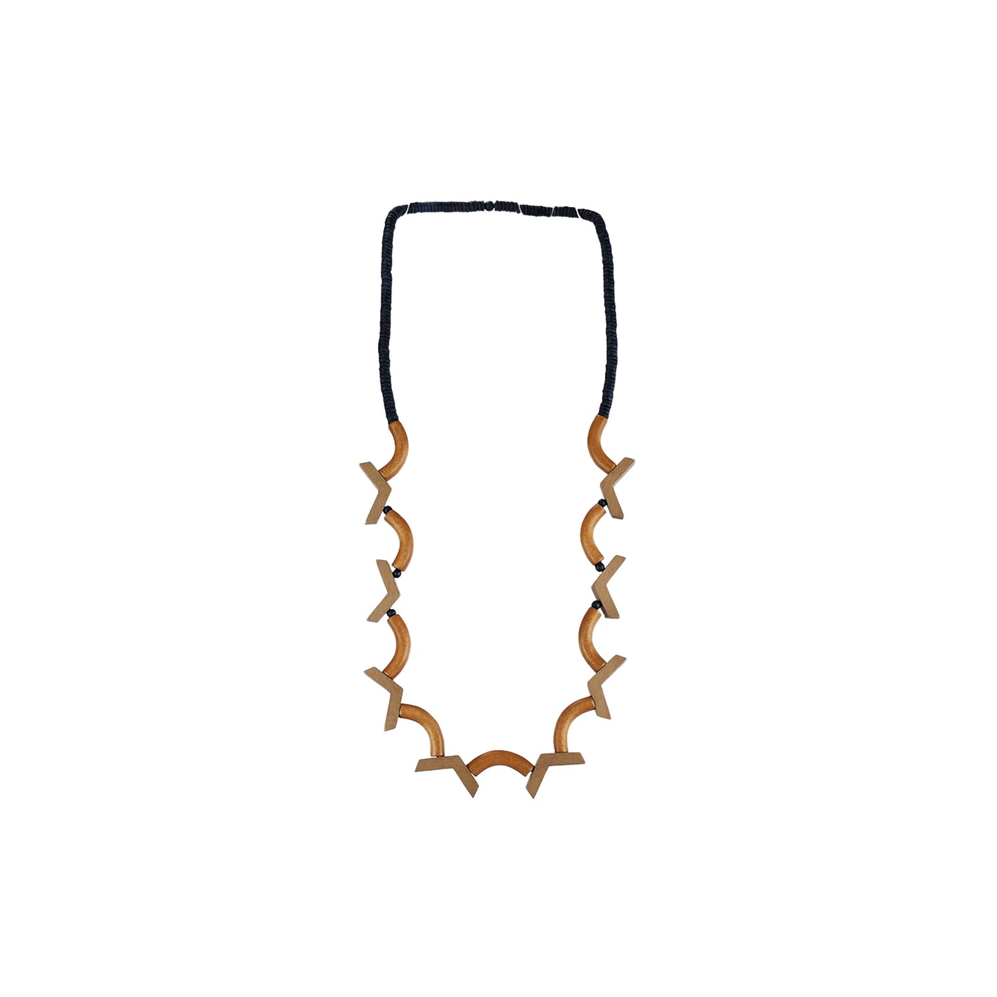 Handmade wooden necklace with curved and arrow-shaped components in brown. A unique, eco-friendly artisan-crafted statement piece made from sustainable wood.

