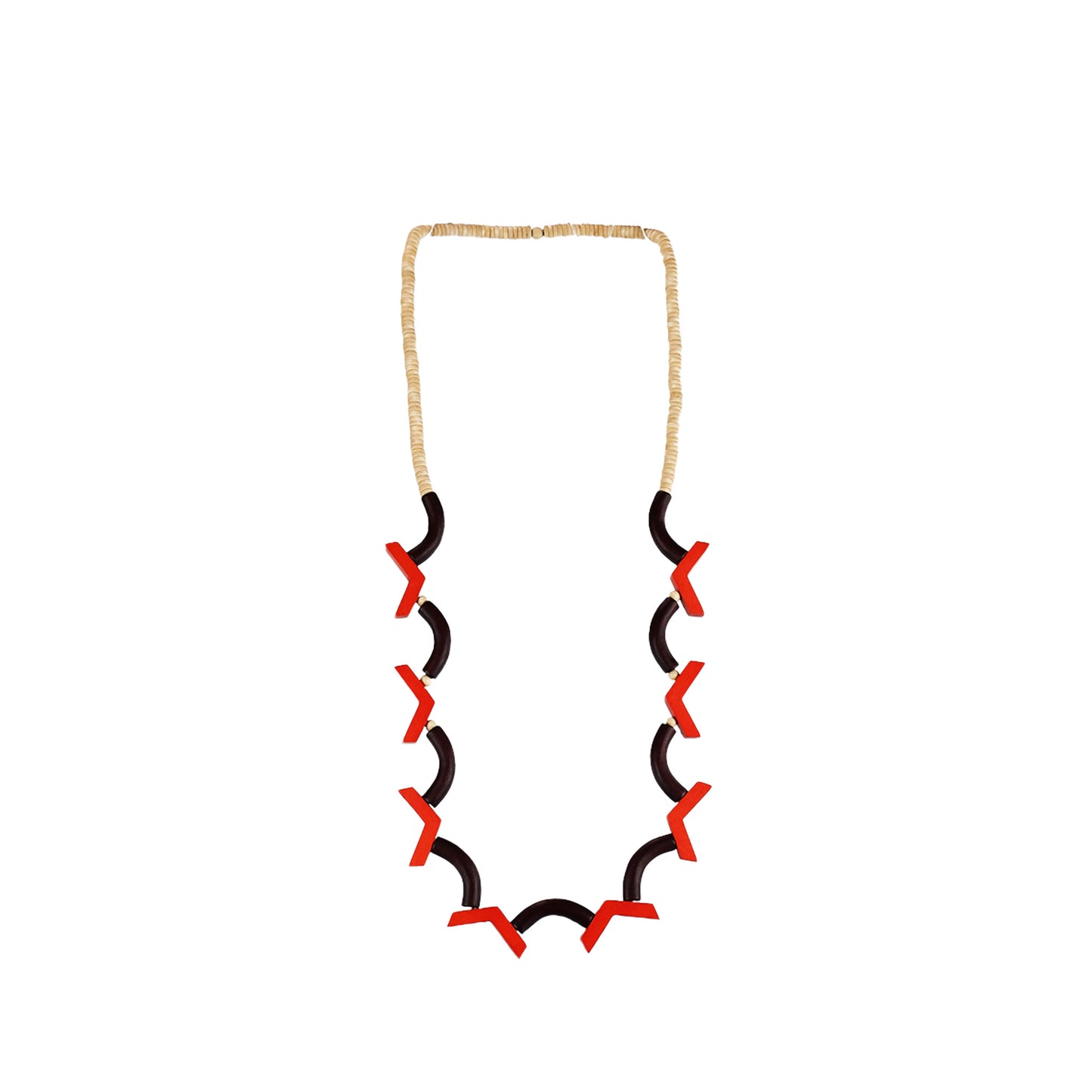 handmade wooden necklace with curved and arrow-shaped components in orange. A unique, eco-friendly artisan-crafted statement piece made from sustainable wood.

