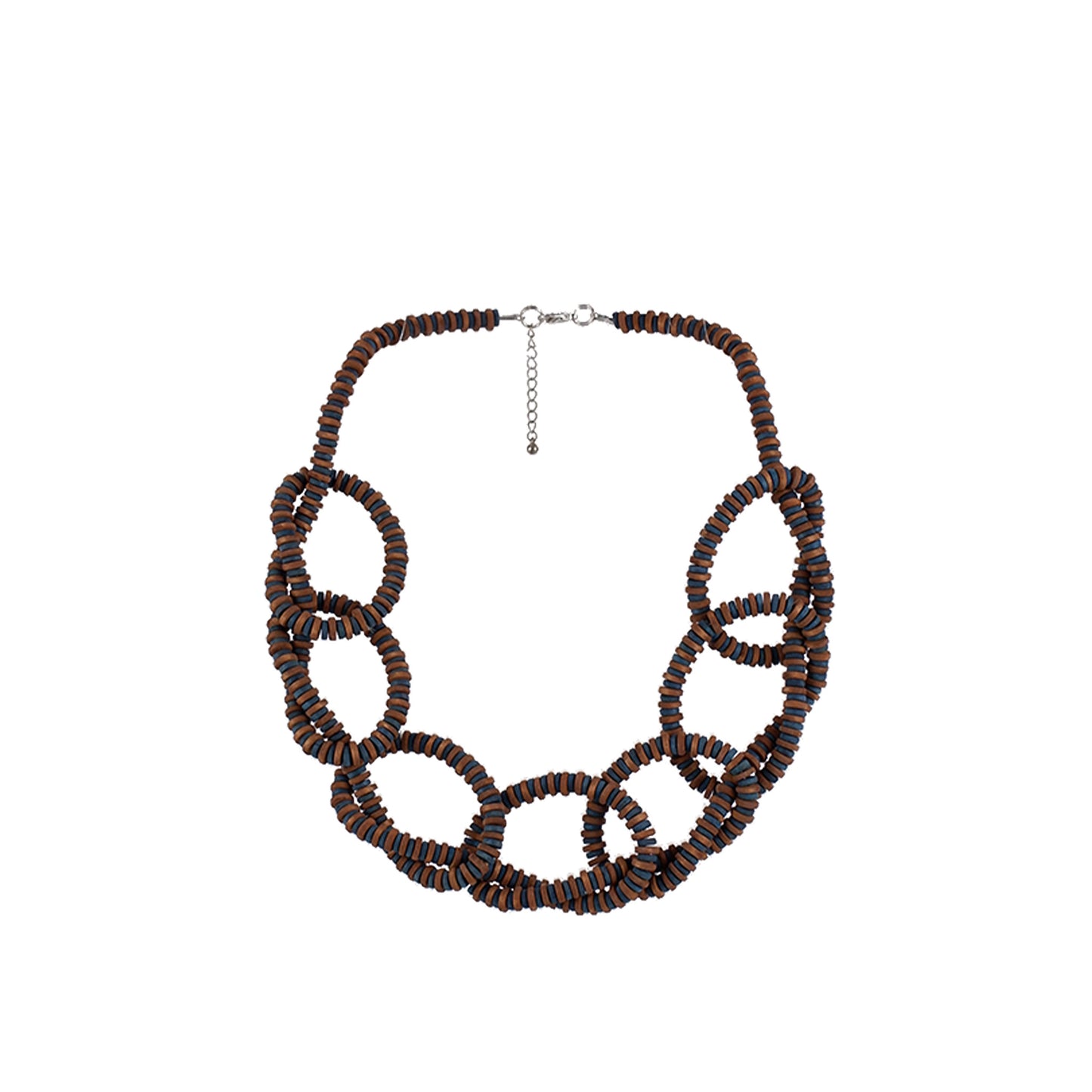 Handmade wooden necklace with flat disc round beads in spiral design, crafted by a sustainable fashion accessories manufacturer. Unique, eco-friendly, and stylish.