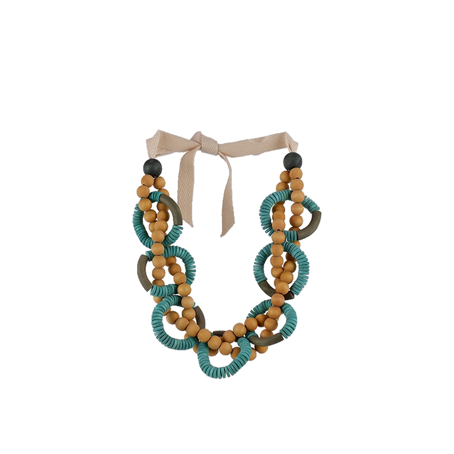 Handmade wooden necklace with flat round disc links and woven round beads on grosgrain neckline, crafted by a sustainable fashion accessories manufacturer.