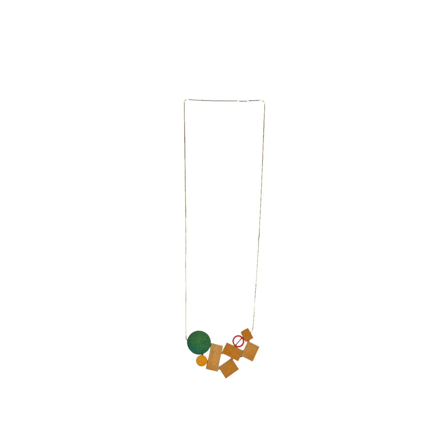 handmade wooden necklace featuring a geometric and asymmetrical design with green accent. A unique, eco-friendly artisan-crafted statement jewelry piece.

