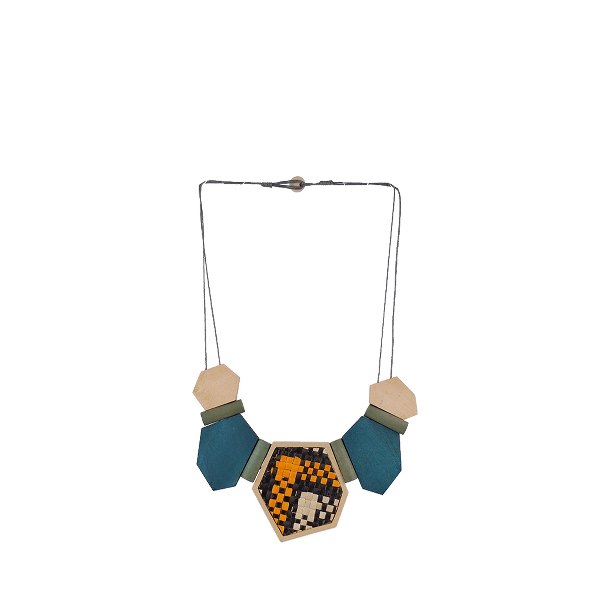 Blue and Orange handmade wooden necklace with multi-geometric shapes and banig pendant, crafted by a sustainable fashion accessories manufacturer. Artistic, eco-friendly, and bold.