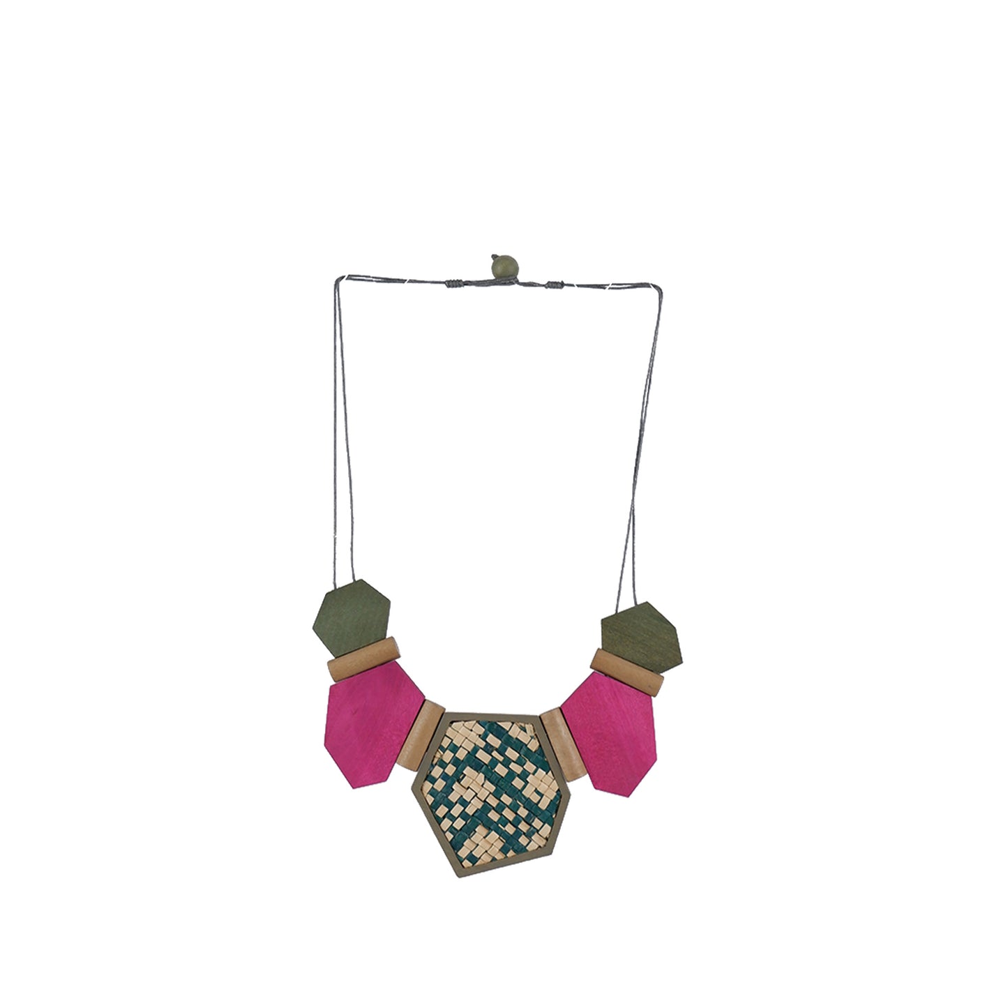 Pink and Green handmade wooden necklace with multi-geometric shapes and banig pendant, crafted by a sustainable fashion accessories manufacturer. Artistic, eco-friendly, and bold.