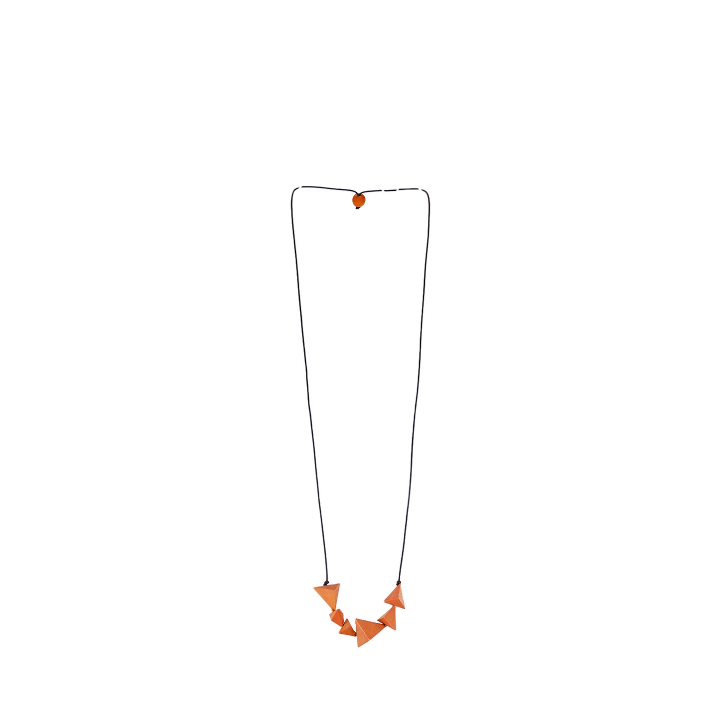 handmade wooden necklace featuring a geometric triangle pendant in orange. A unique, eco-friendly, artisan-crafted modern jewelry piece.

