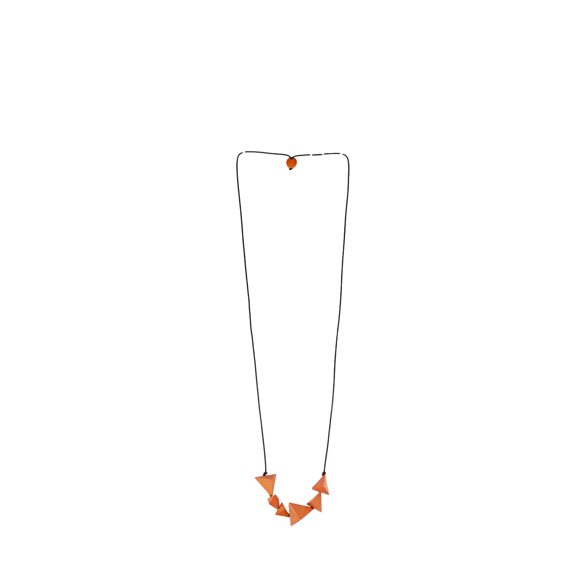 handmade wooden necklace featuring a geometric triangle pendant in orange. A unique, eco-friendly, artisan-crafted modern jewelry piece.

