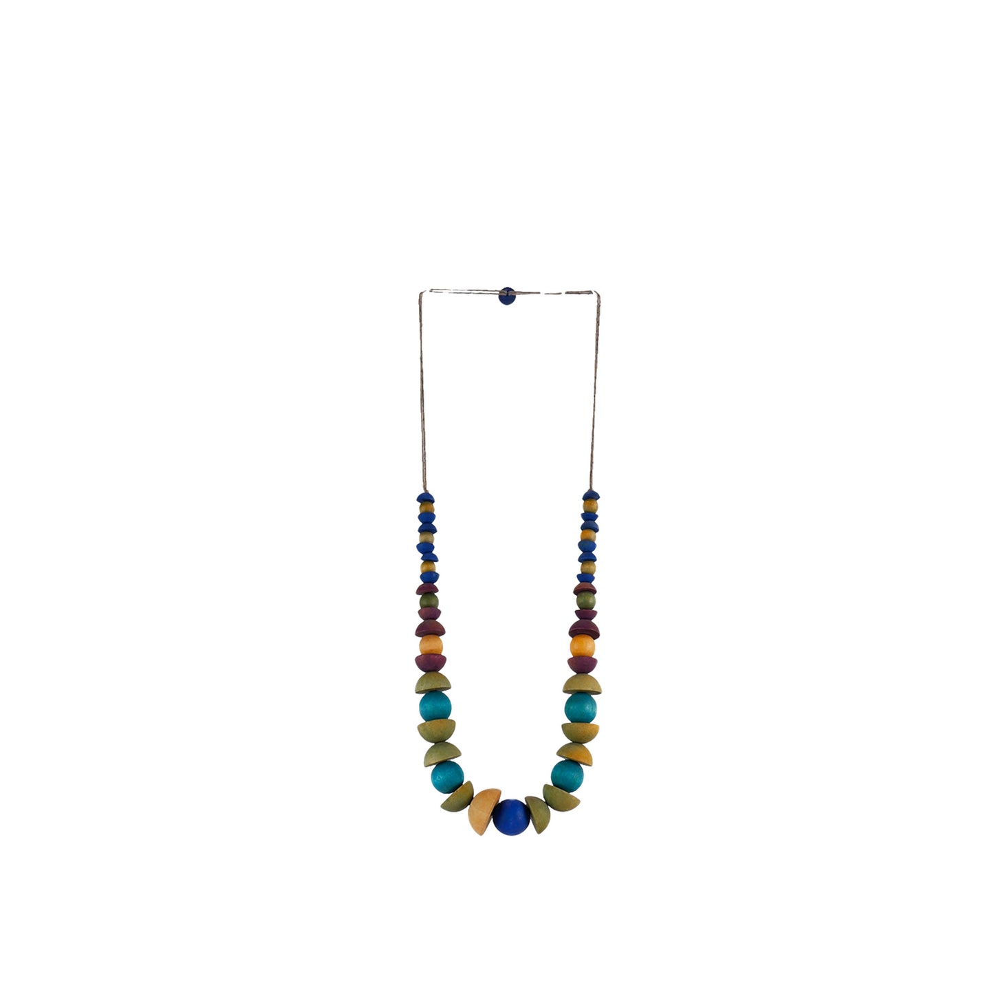 handmade wooden necklace featuring graduated round and half-round beads in blue multicolor. A unique, eco-friendly, artisan-crafted statement jewelry piece.