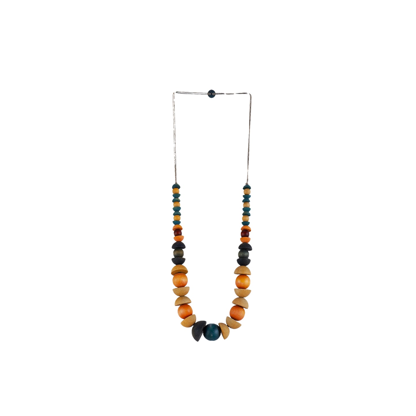 handmade wooden necklace featuring graduated round and half-round beads in orange multicolor. A unique, eco-friendly, artisan-crafted statement jewelry piece.