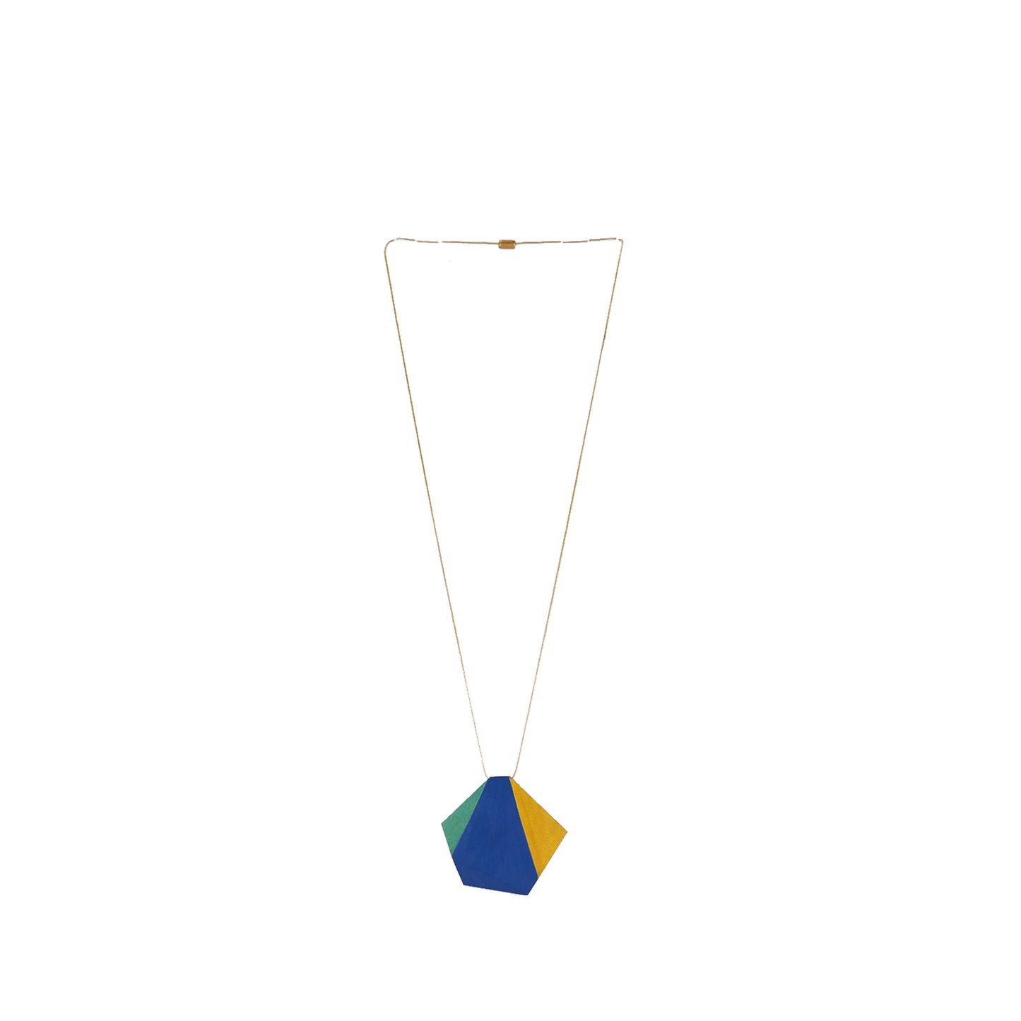 Handmade wooden necklace featuring a hexagonal pendant design in blue. A unique, eco-friendly, artisan-crafted geometric jewelry piece with a modern touch.