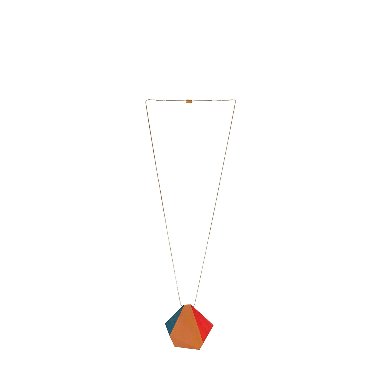 Handmade wooden necklace featuring a hexagonal pendant design in orange. A unique, eco-friendly, artisan-crafted geometric jewelry piece with a modern touch.