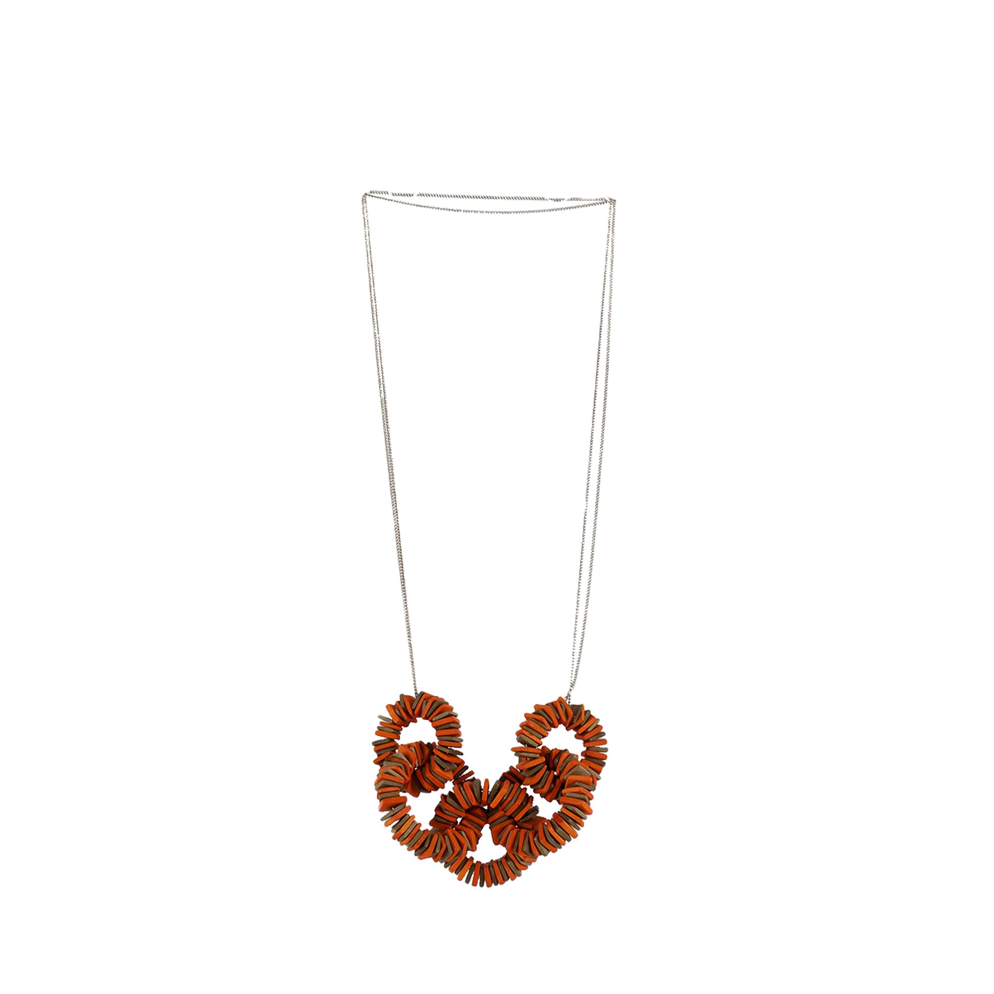 Handmade wooden necklace featuring interlaced flat square hoops in orange. A unique, eco-friendly, artisan-crafted geometric jewelry piece with a modern touch.