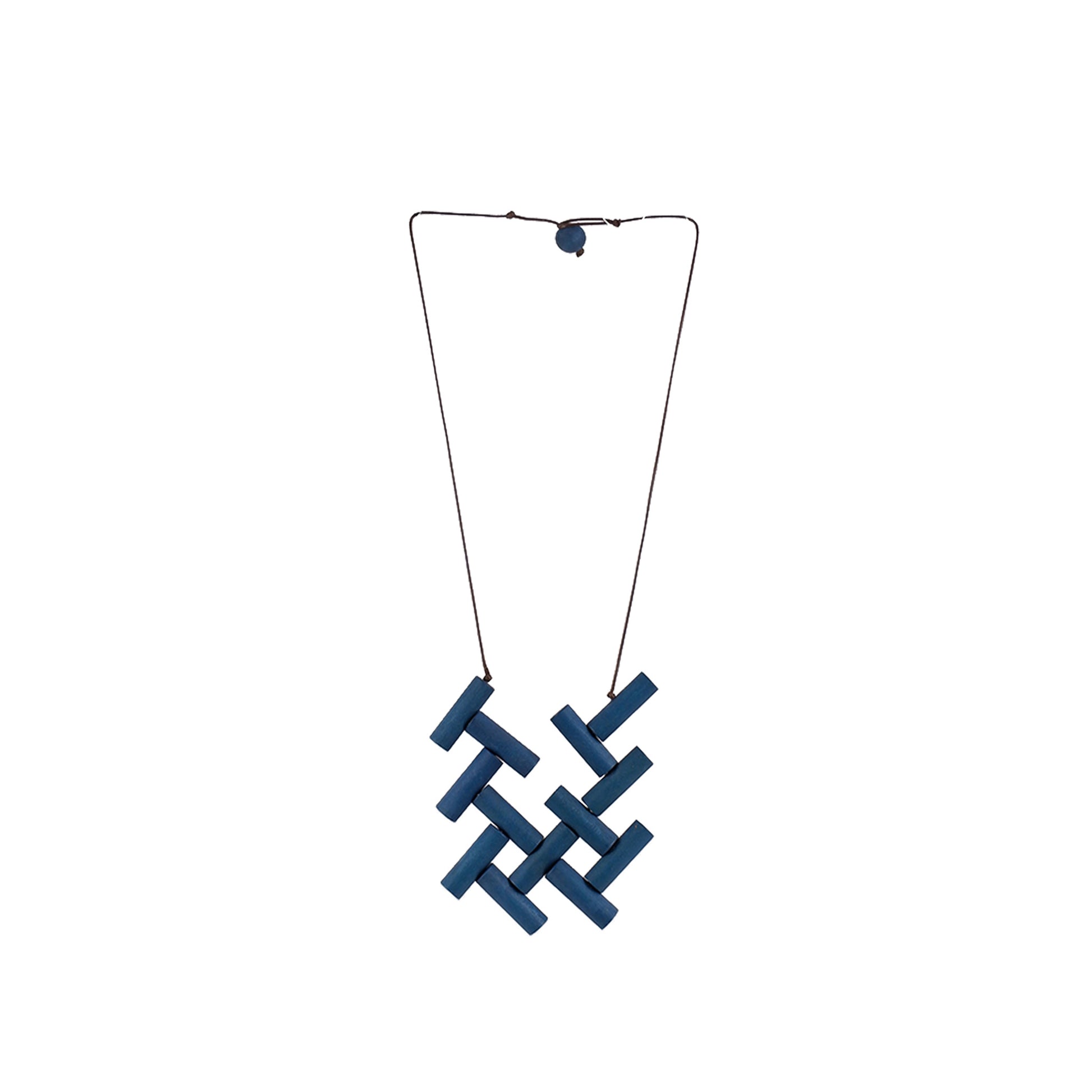 Blue Handmade wooden necklace with interlaced round wood sticks, crafted by a sustainable fashion accessories manufacturer. Bold, eco-friendly, and artistic.