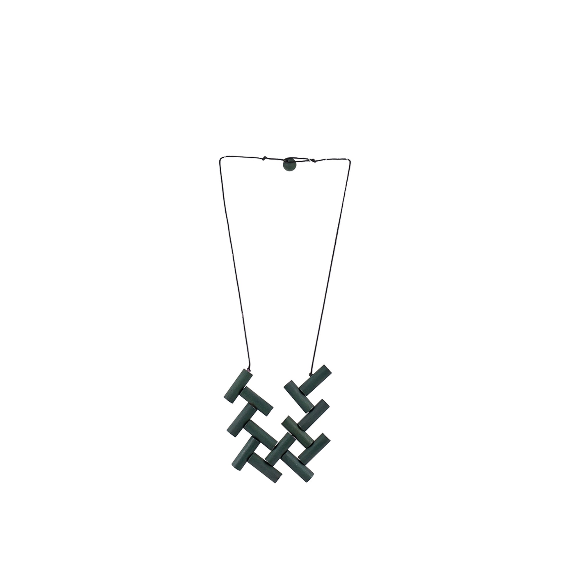 Green Handmade wooden necklace with interlaced round wood sticks, crafted by a sustainable fashion accessories manufacturer. Bold, eco-friendly, and artistic.