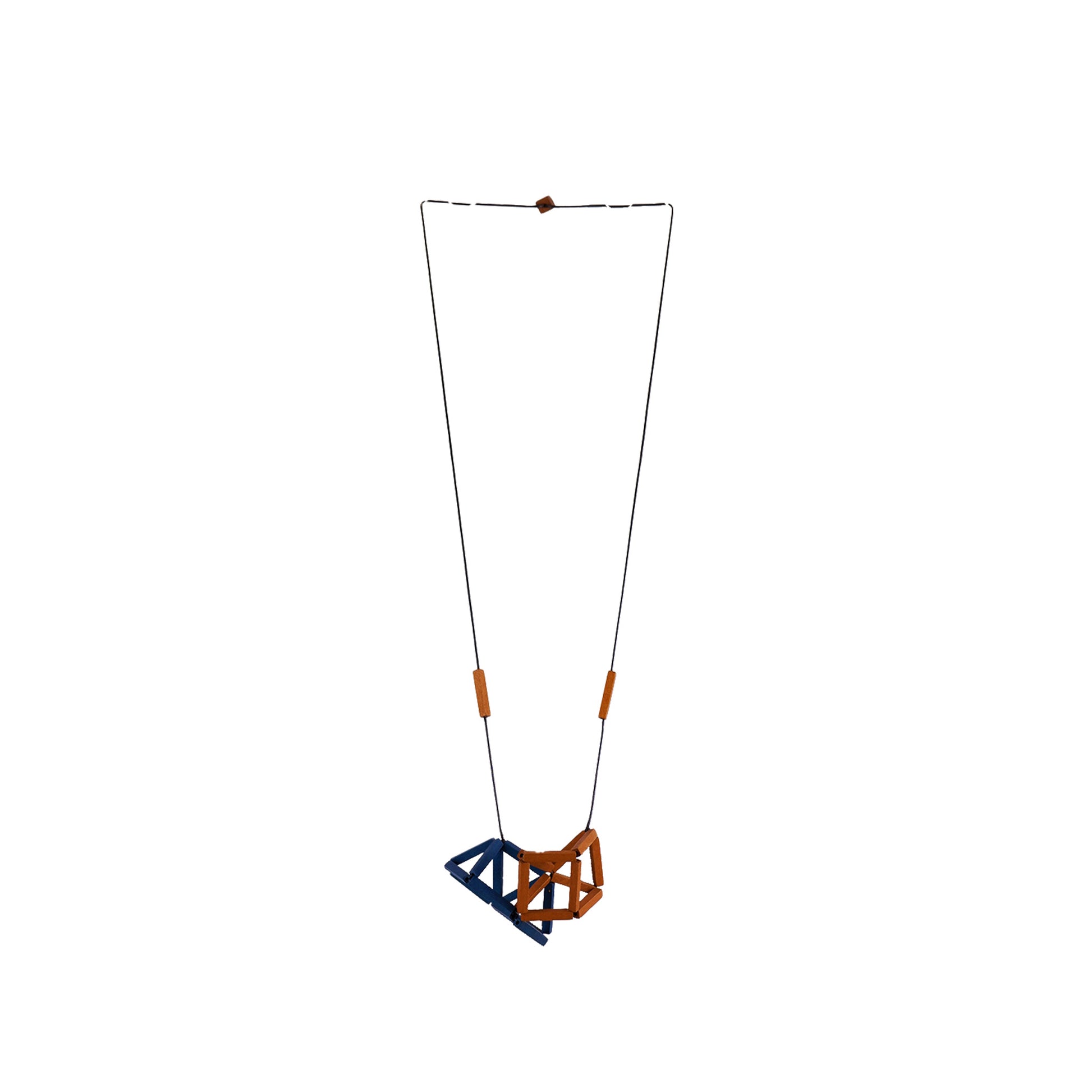 Handmade wooden necklace featuring an interlaced wooden sticks pendant in orange. A unique, eco-friendly, artisan-crafted jewelry piece inspired by natural elements.

