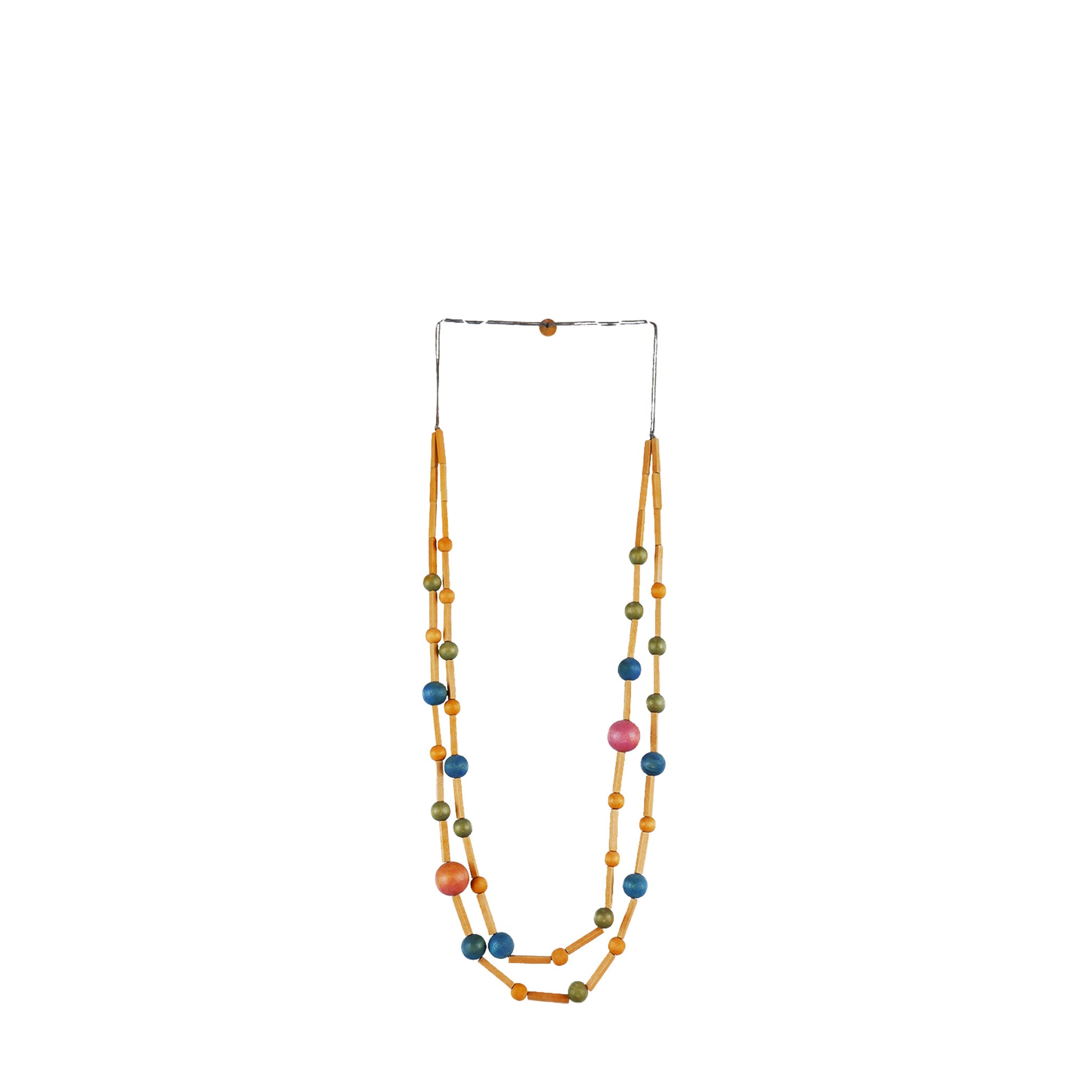 Handmade wooden necklace featuring layered round beads and tube components. A unique, eco-friendly, artisan-crafted boho-chic fashion accessory.