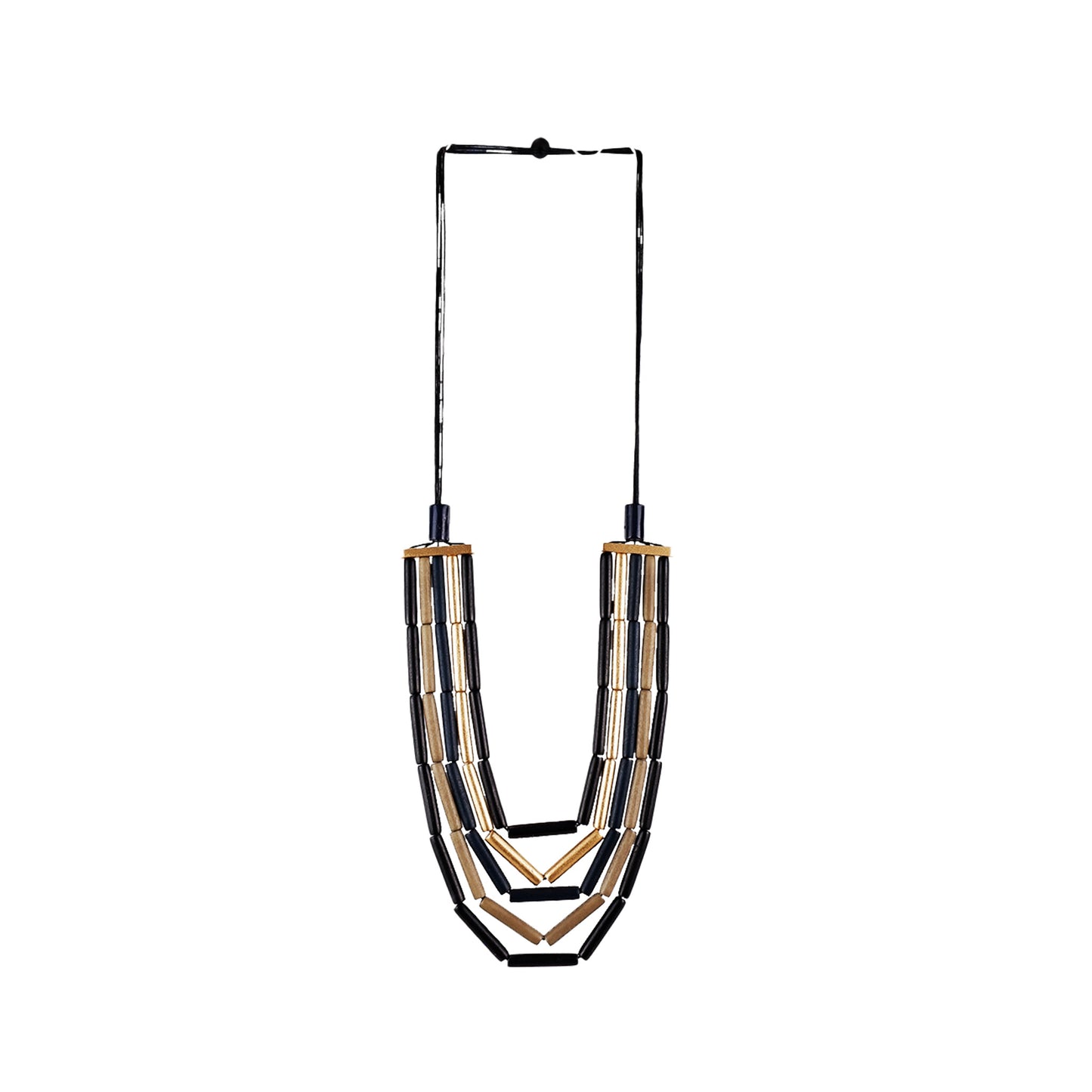 handmade wooden necklace with layered wood tube components and multiple rows in black. A unique, eco-friendly artisan-crafted statement jewelry piece.