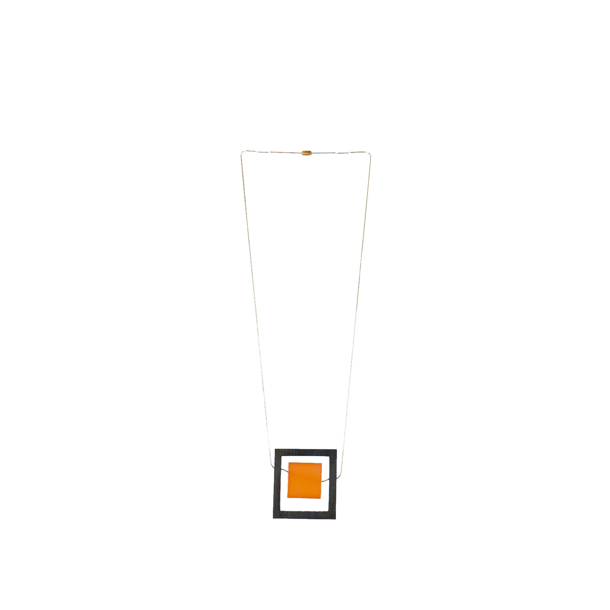 handmade wooden necklace featuring a minimalist square pendant in orange. A unique, eco-friendly, artisan-crafted jewelry piece with a modern geometric design.

