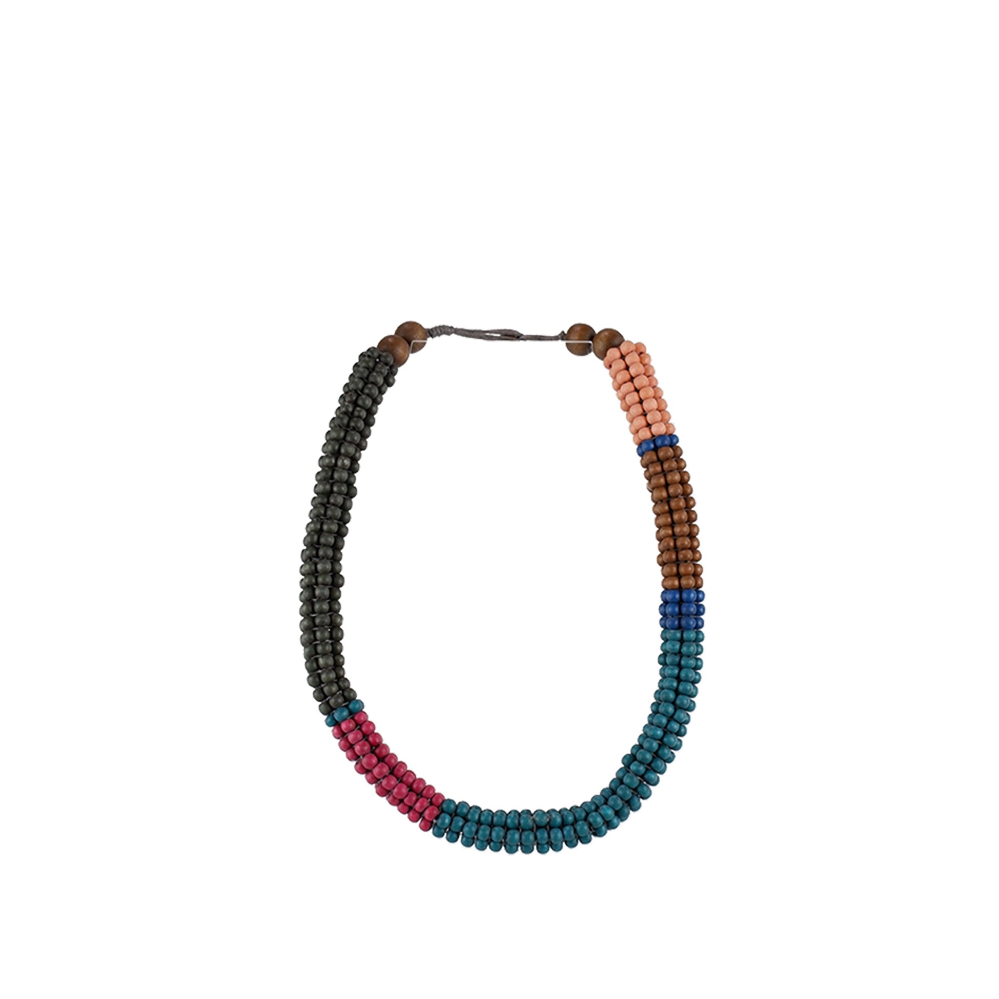 Handmade wooden necklace with multi-colored small round bead links, crafted by a sustainable fashion accessories manufacturer. Vibrant, eco-friendly, and boho-inspired.