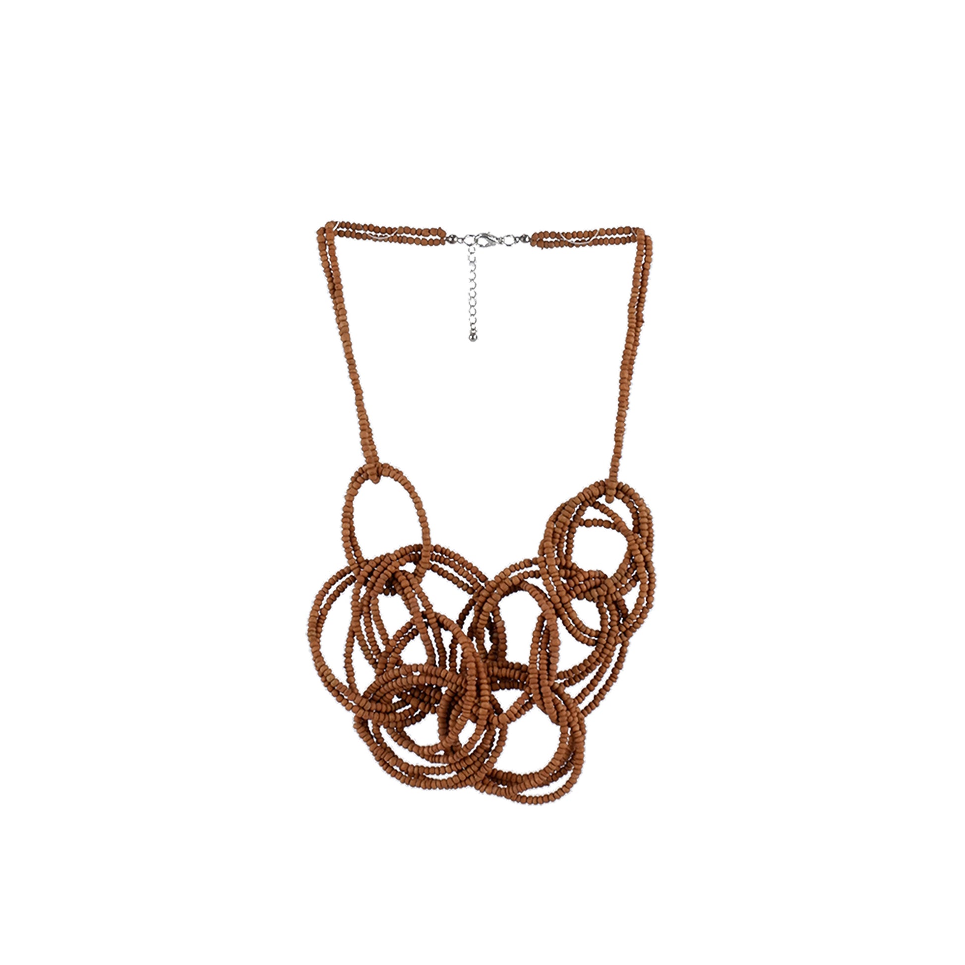 Handmade wooden necklace with multi micro round bead links pendant, crafted by a sustainable fashion accessories manufacturer. Elegant, eco-friendly, and stylish.