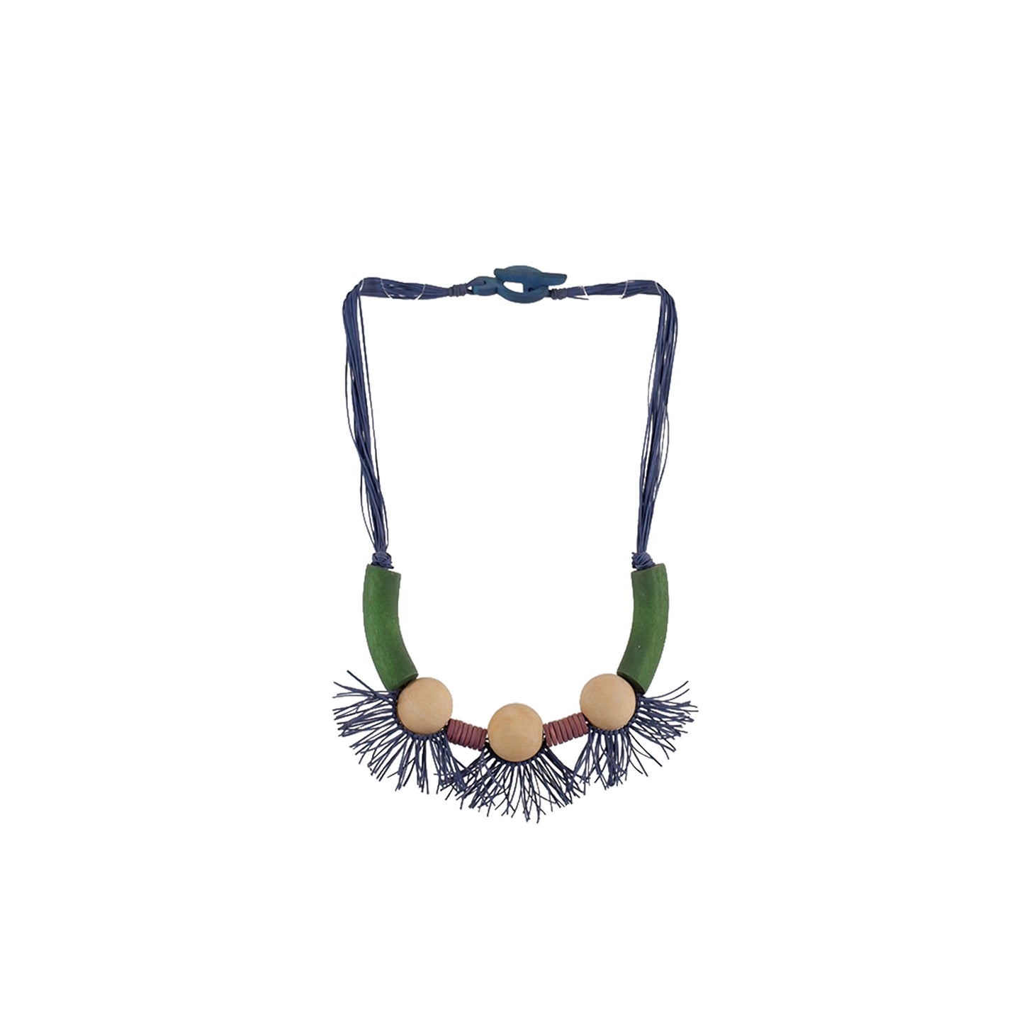 Green, natural, blue handmade wooden necklace with round beads adorned in garter, crafted by a sustainable fashion accessories manufacturer. Elegant, eco-friendly, and artistic.