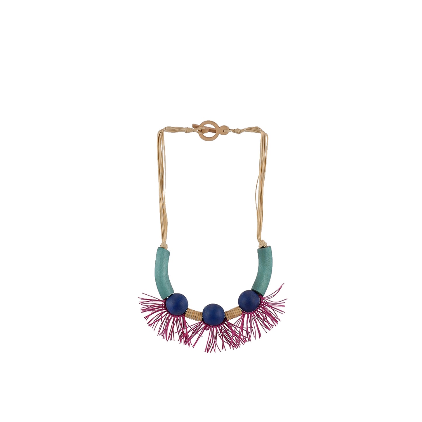 Teal, blue, and pink handmade wooden necklace with round beads adorned in garter, crafted by a sustainable fashion accessories manufacturer. Elegant, eco-friendly, and artistic.