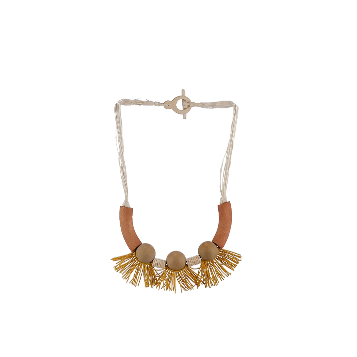 Yellow, Orange handmade wooden necklace with round beads adorned in garter, crafted by a sustainable fashion accessories manufacturer. Elegant, eco-friendly, and artistic.