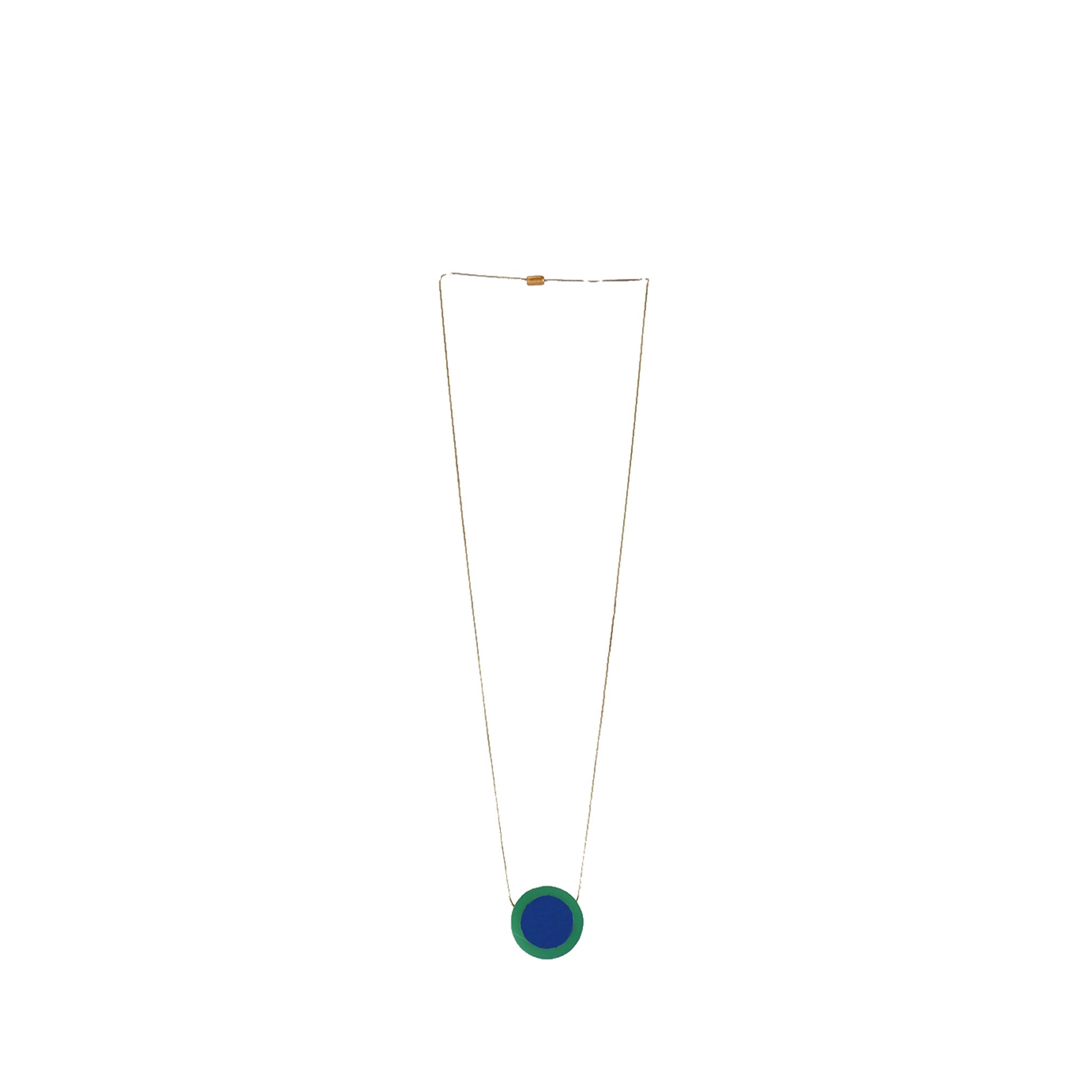 Handmade wooden necklace featuring a round wood and acrylic pendant in blue. A unique, eco-friendly, artisan-crafted jewelry piece blending natural and modern elements.