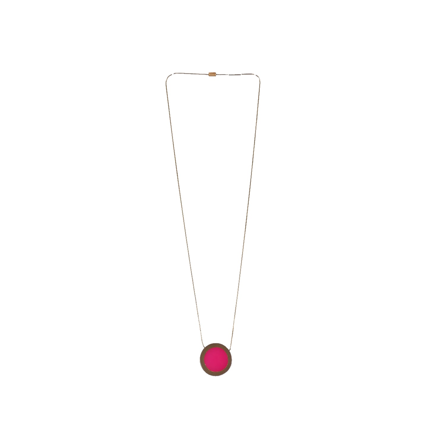 Handmade wooden necklace featuring a round wood and acrylic pendant in pink. A unique, eco-friendly, artisan-crafted jewelry piece blending natural and modern elements.