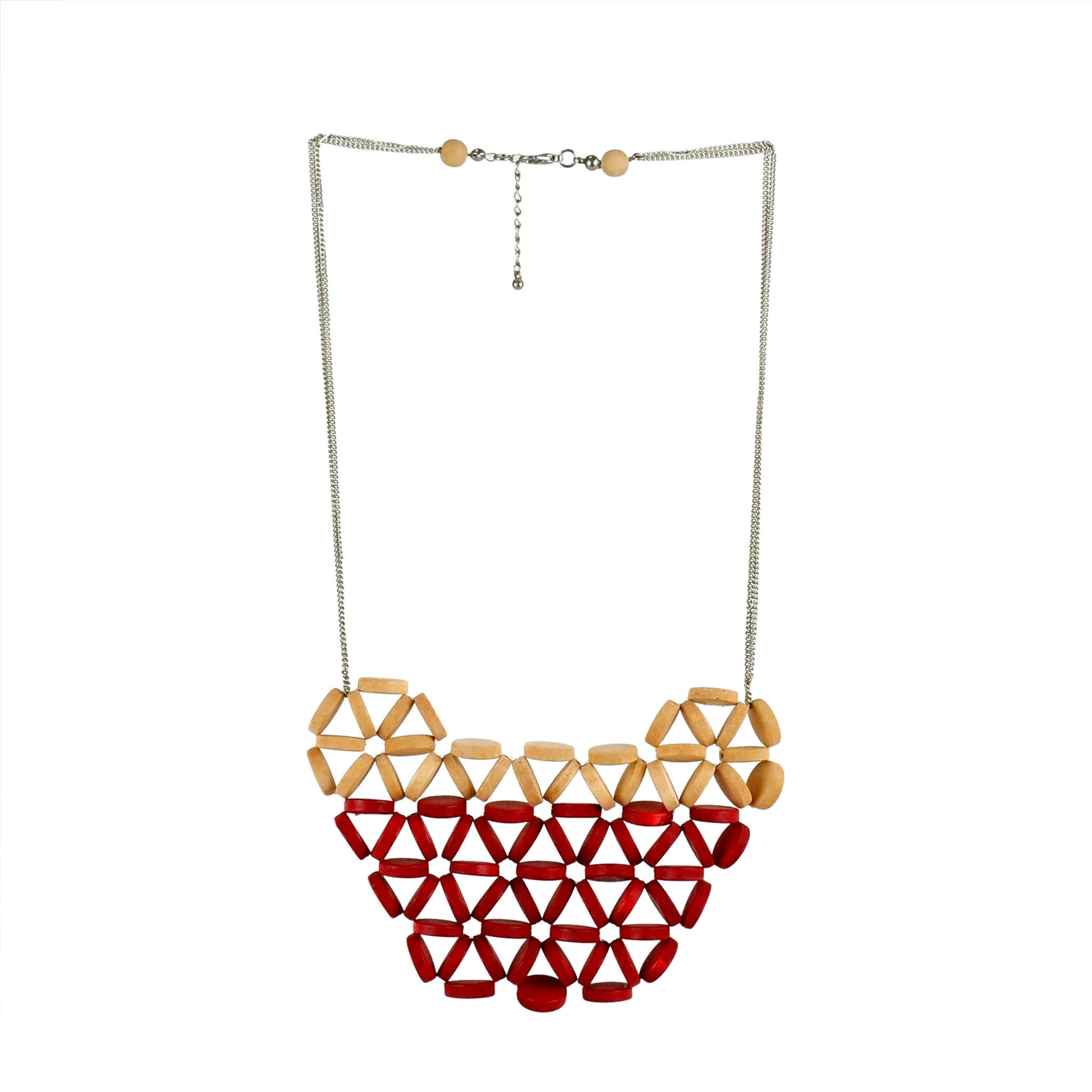 Handmade wooden necklace featuring a woven flat discs pendant in red. Ethically crafted, lightweight, and perfect for boho-chic and sustainable fashion lovers.