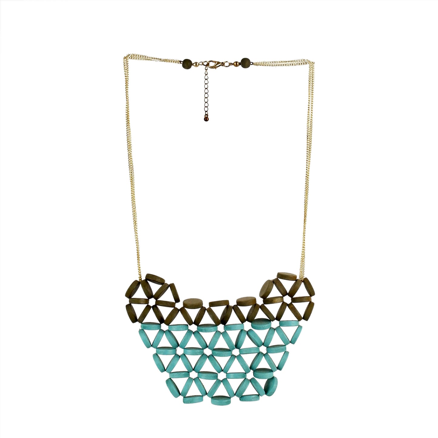 Handmade wooden necklace featuring a woven flat discs pendant in teal. Ethically crafted, lightweight, and perfect for boho-chic and sustainable fashion lovers.