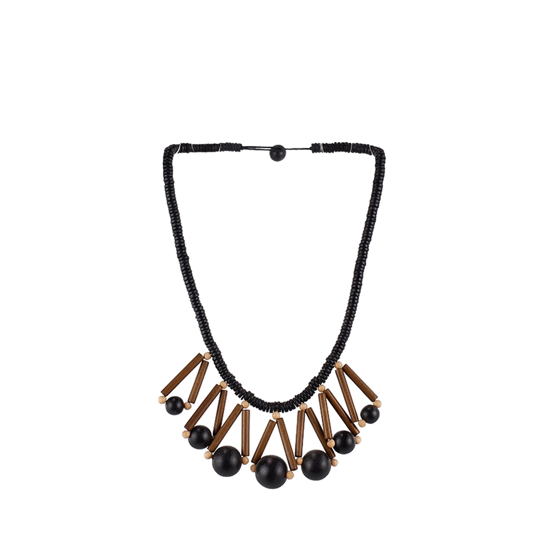 Handmade wooden short necklace with ethnic graduated round beads pendant, crafted by a sustainable fashion accessories manufacturer. Eco-friendly and bold.