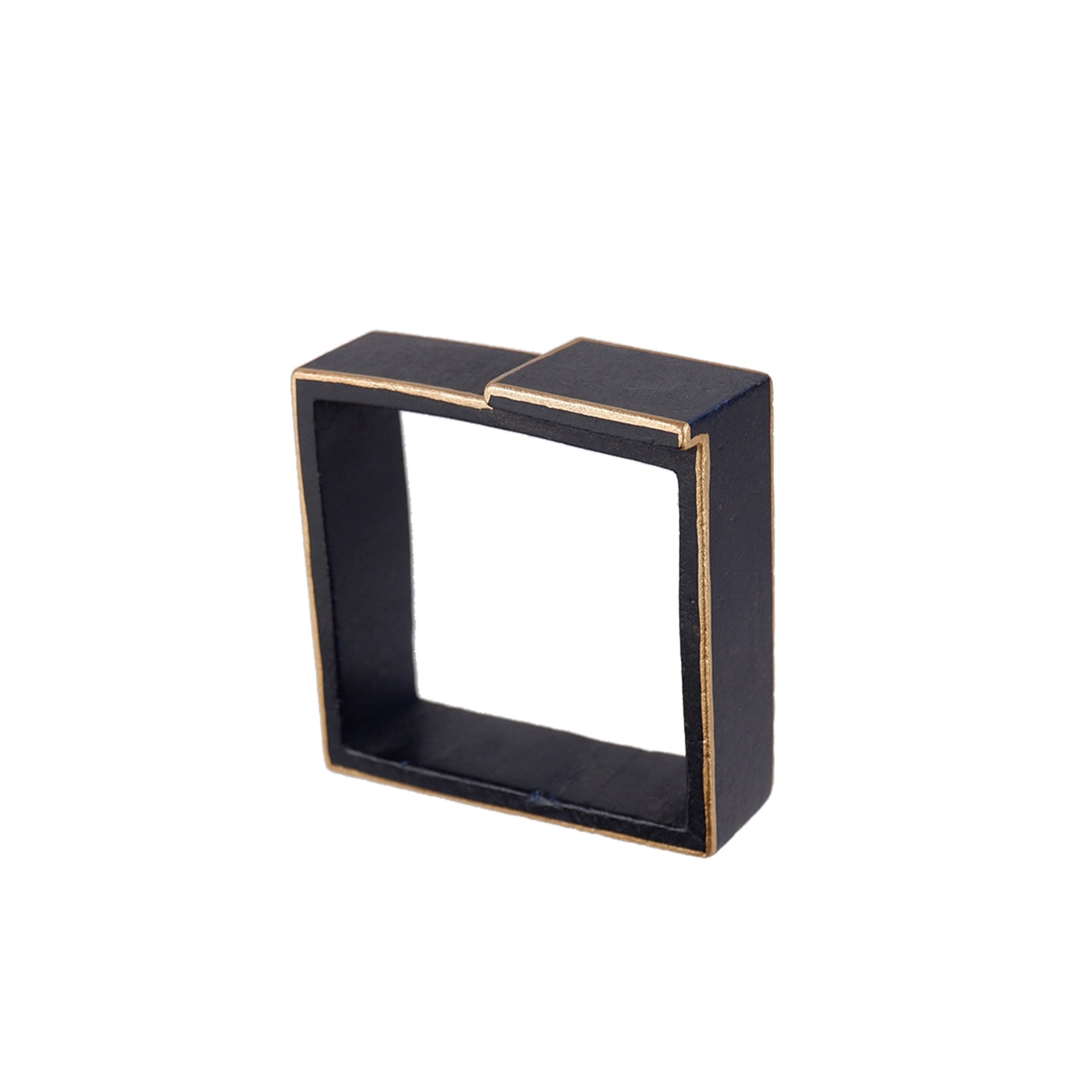 Black Handmade wooden square bangle with hand-painted gold border, crafted by a sustainable fashion accessories manufacturer. Geometric, eco-friendly, and stylish.