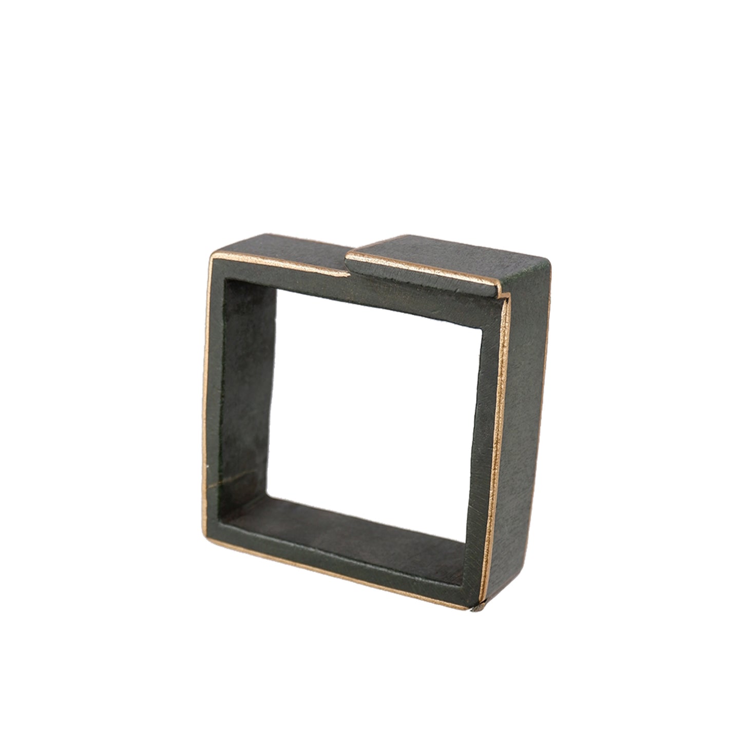 Grey handmade wooden square bangle with hand-painted gold border, crafted by a sustainable fashion accessories manufacturer. Geometric, eco-friendly, and stylish.